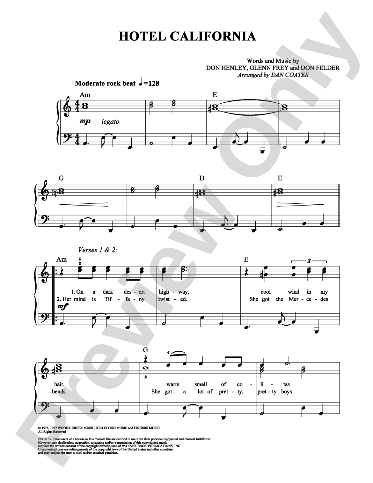 Hotel California: Easy Piano Digital Sheet Music