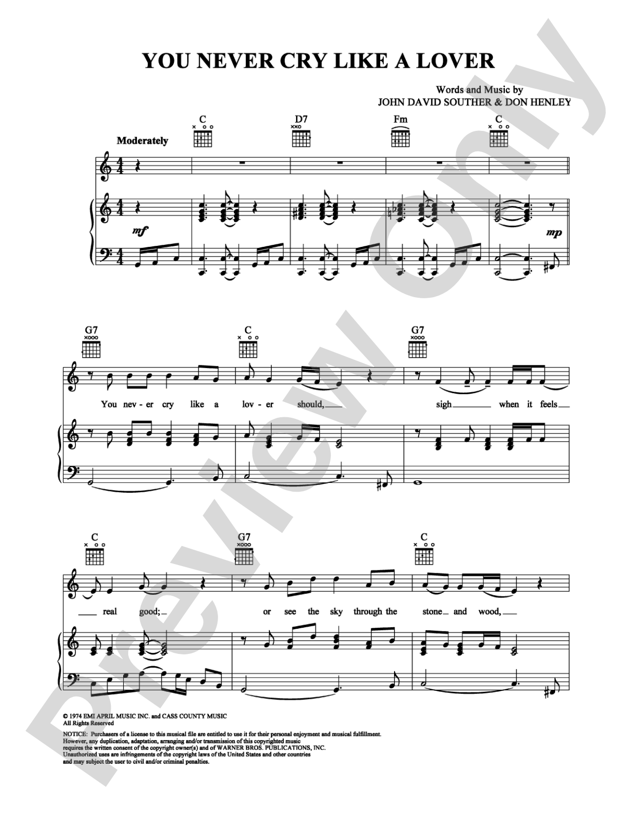You Never Cry Like a Lover: Piano/Vocal/Chords Digital Sheet Music