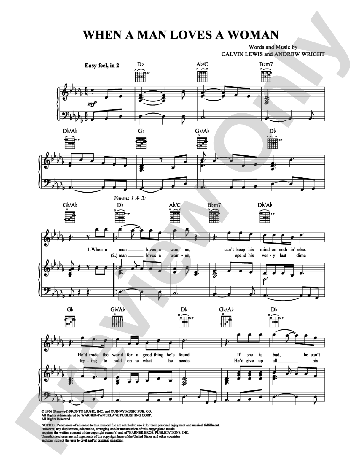When a Man Loves a Woman: Piano/Vocal/Chords Digital Sheet Music