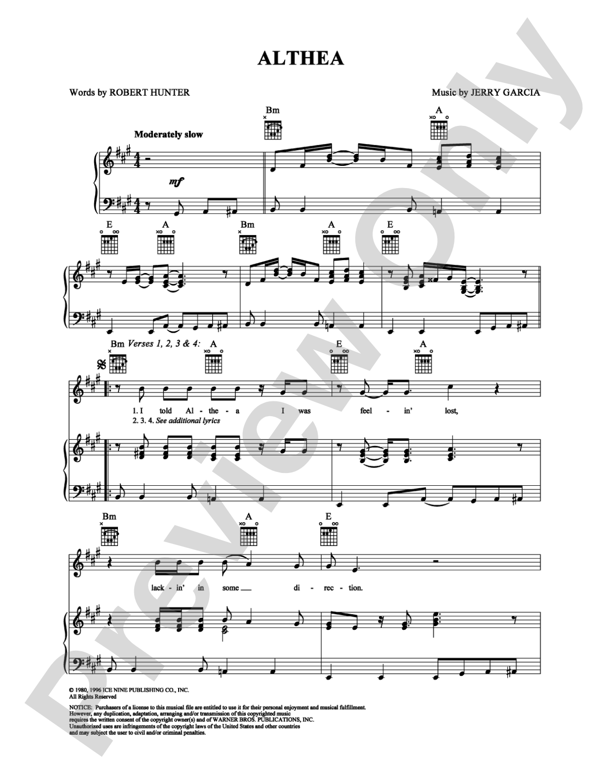 Althea: Piano/Vocal/Chords Digital Sheet Music