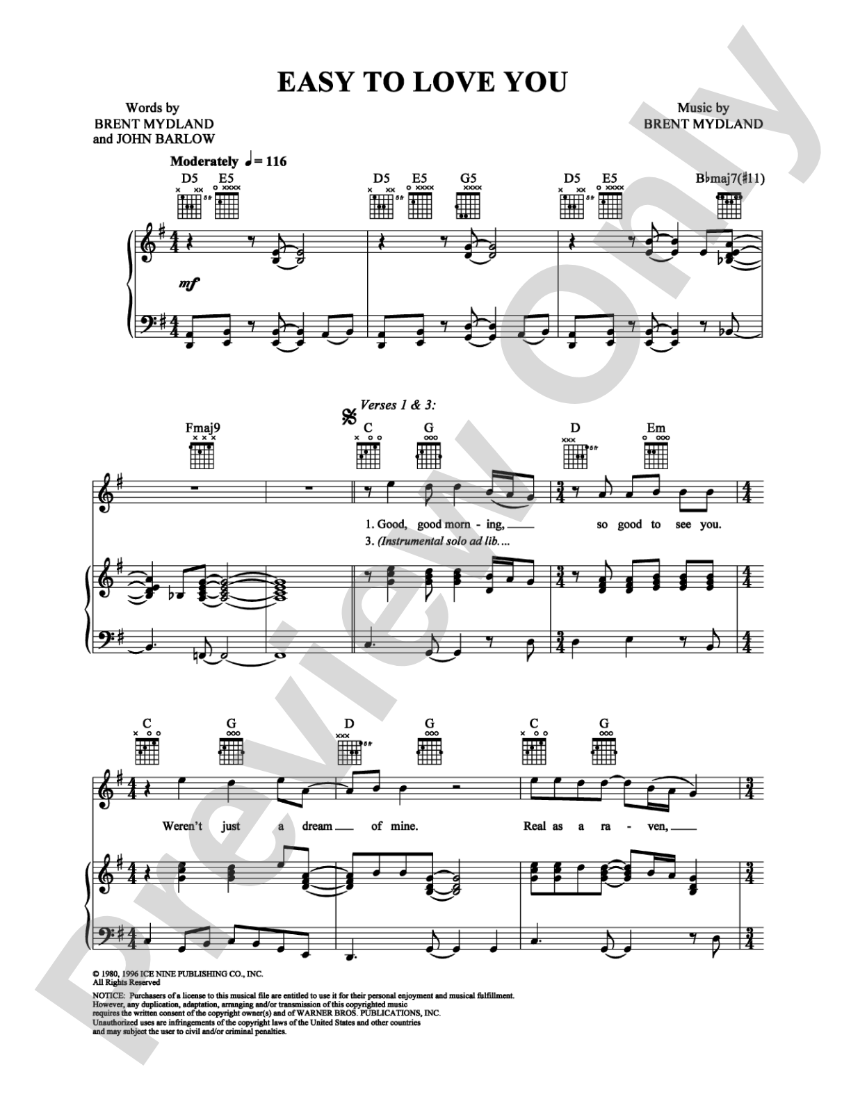 Easy to Love You: Piano/Vocal/Chords Digital Sheet Music