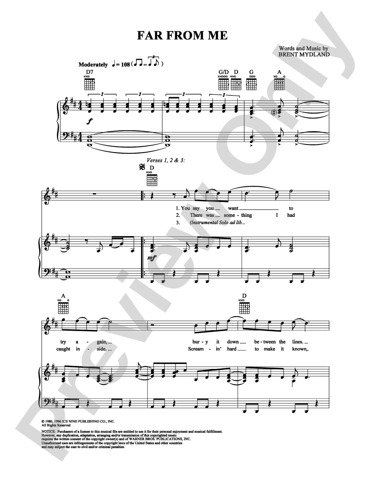 Far From Me: Piano/Vocal/Chords Digital Sheet Music