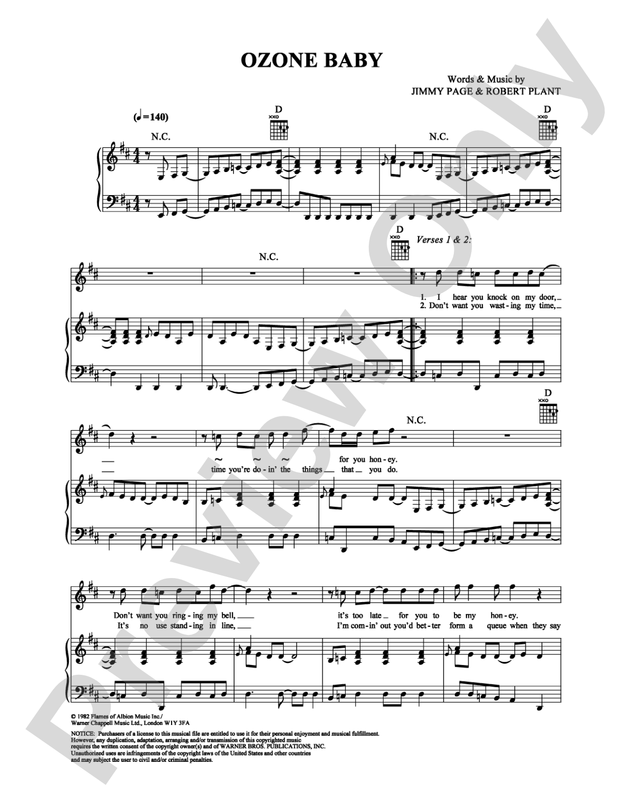 Ozone Baby: Piano/Vocal/Chords Digital Sheet Music