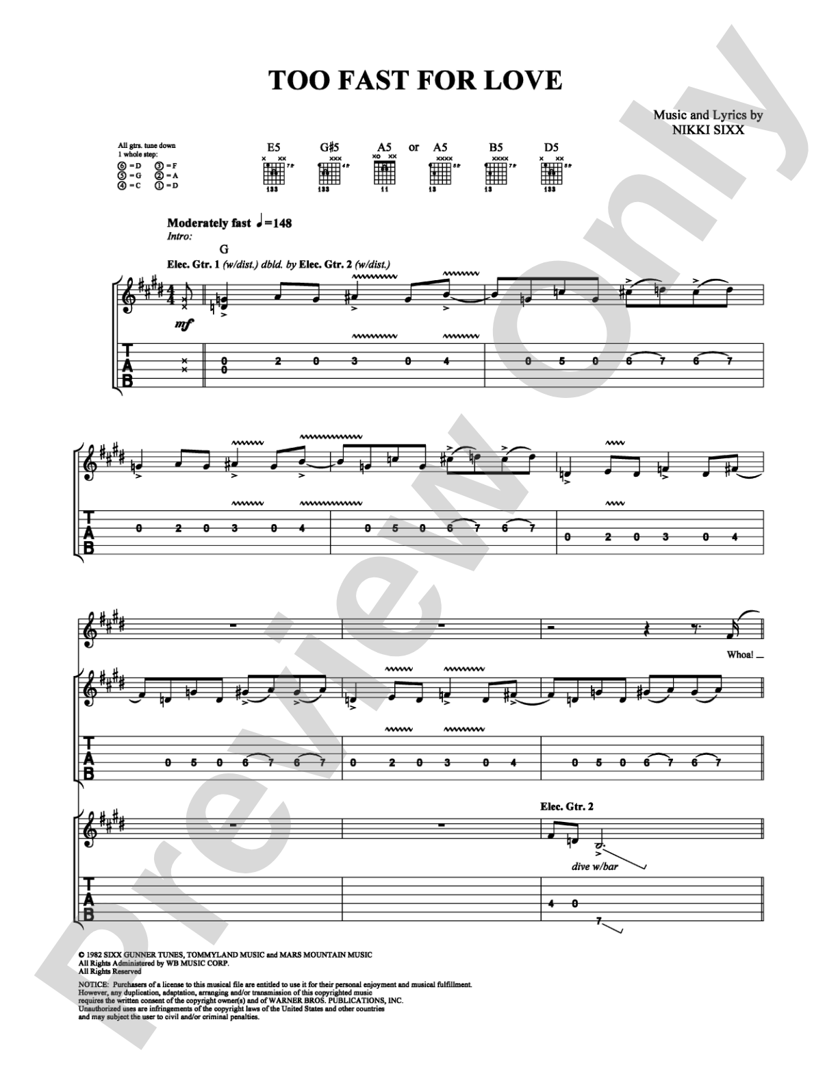 Too Fast for Love: Guitar TAB Digital Sheet Music