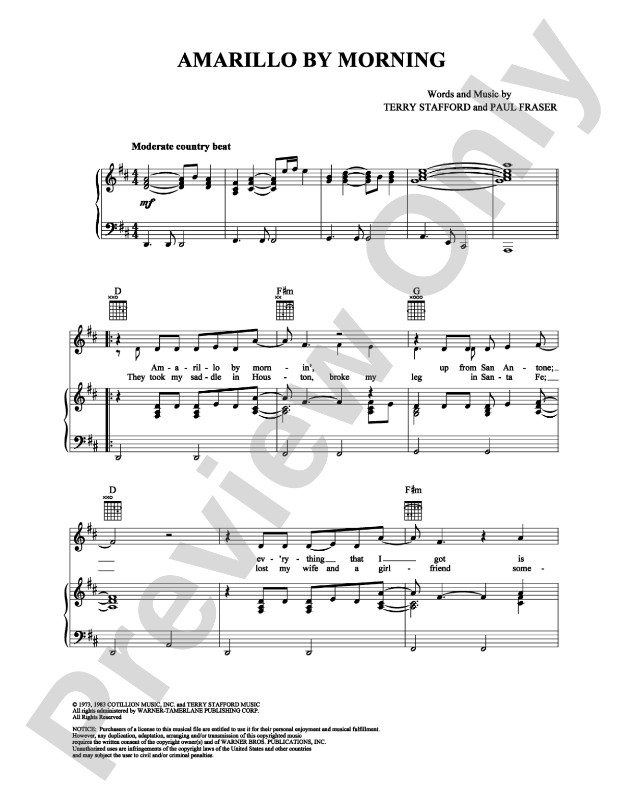 Amarillo By Morning: Piano/Vocal/Chords Digital Sheet Music