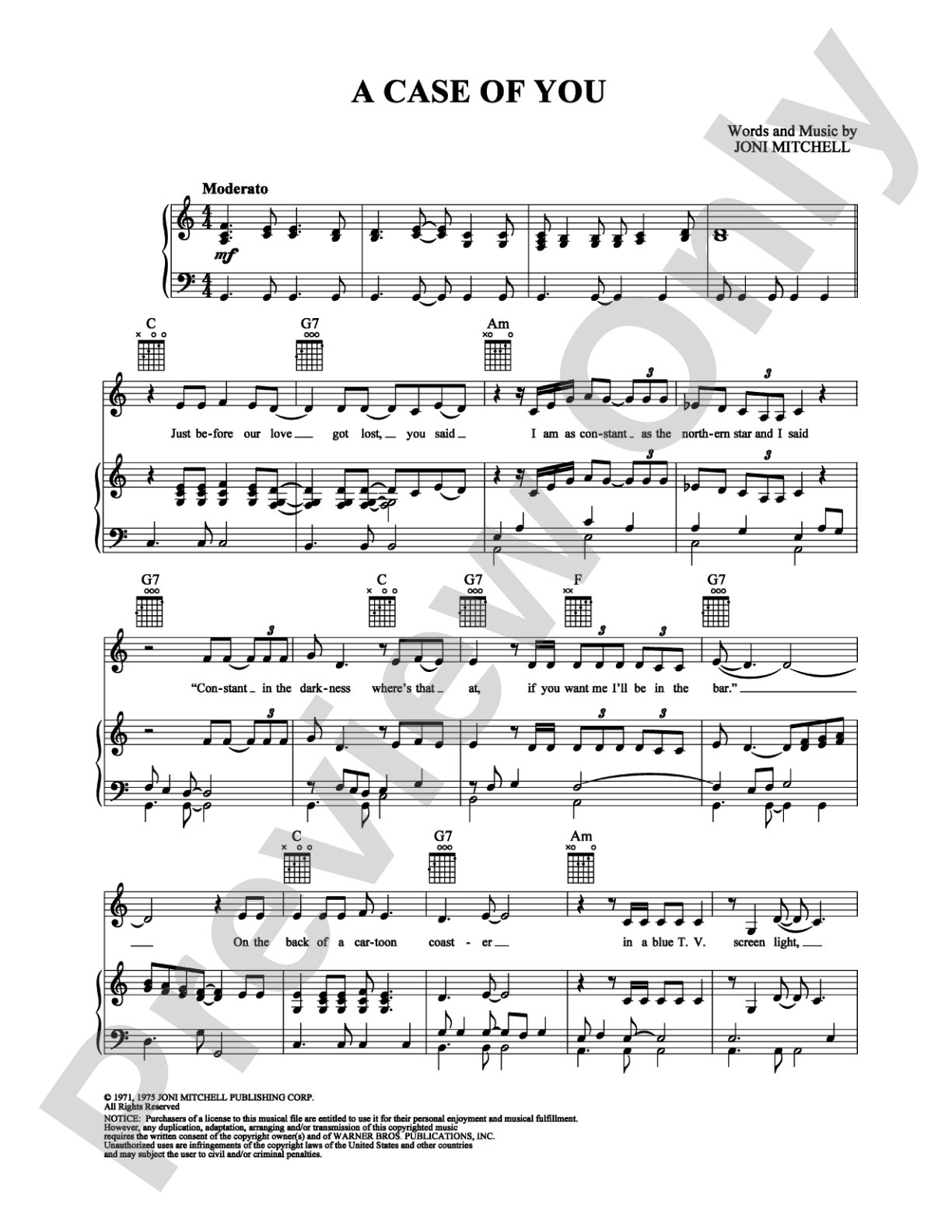 A Case Of You: Piano/Vocal/Chords Digital Sheet Music