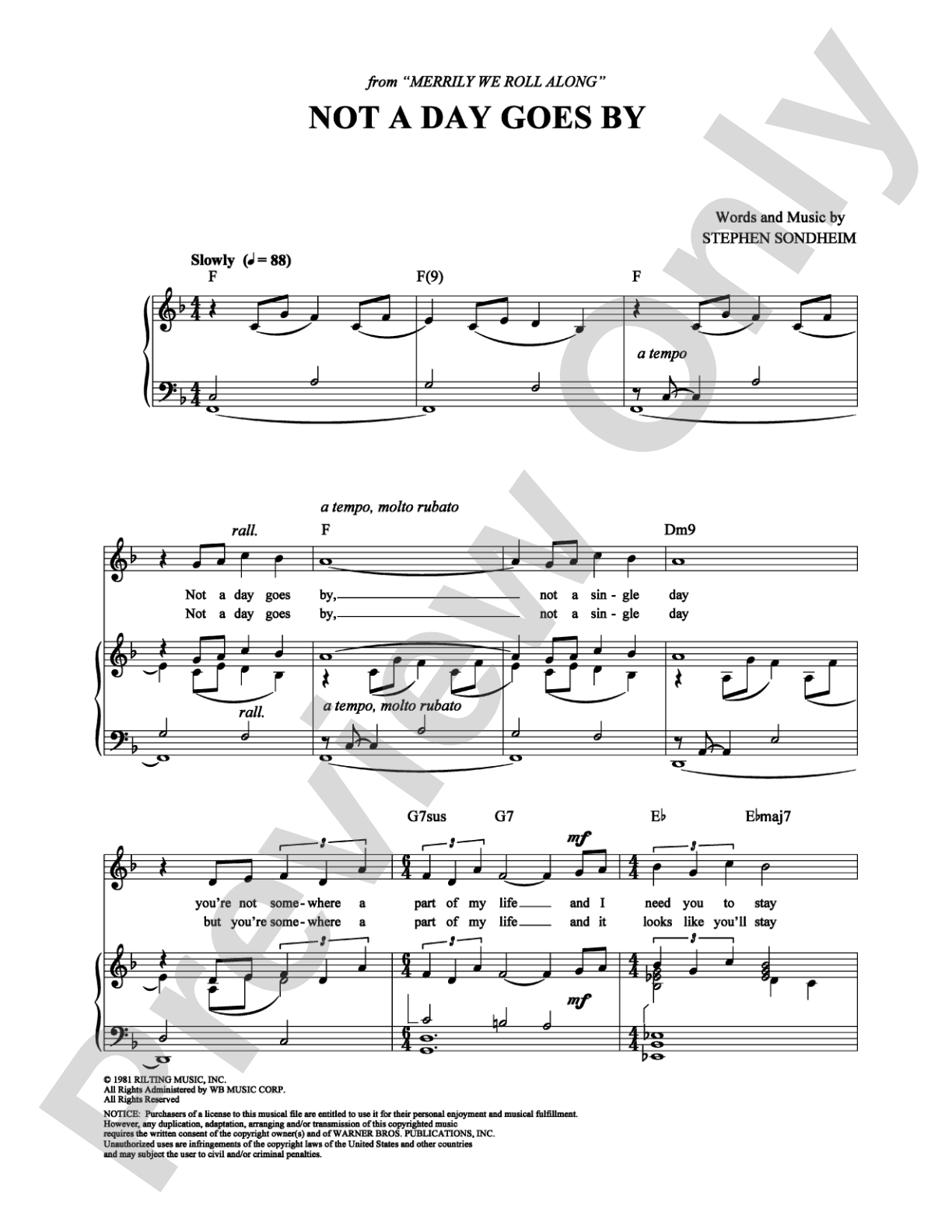 Not a Day Goes By: Piano/Vocal/Chords Digital Sheet Music