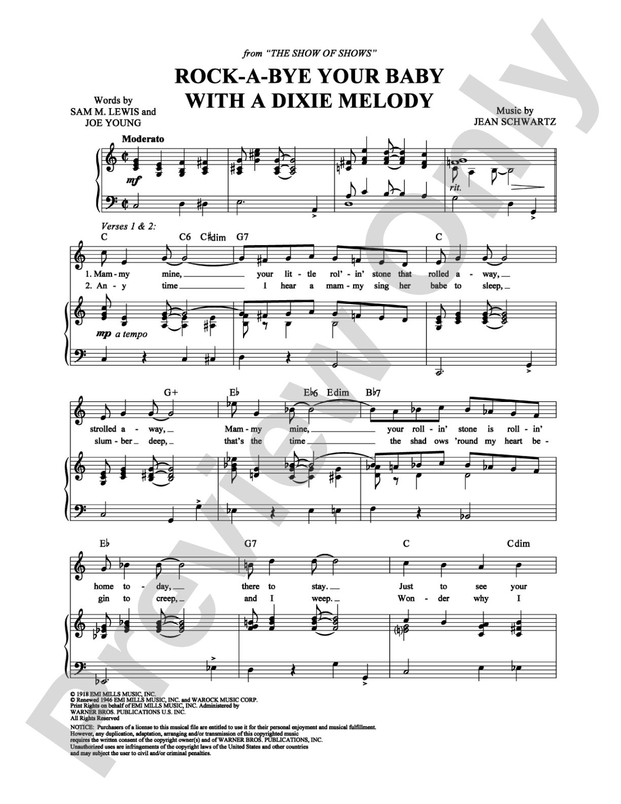 Rock-a-Bye Your Baby with a Dixie Melody: Piano/Vocal/Chords Digital Sheet Music