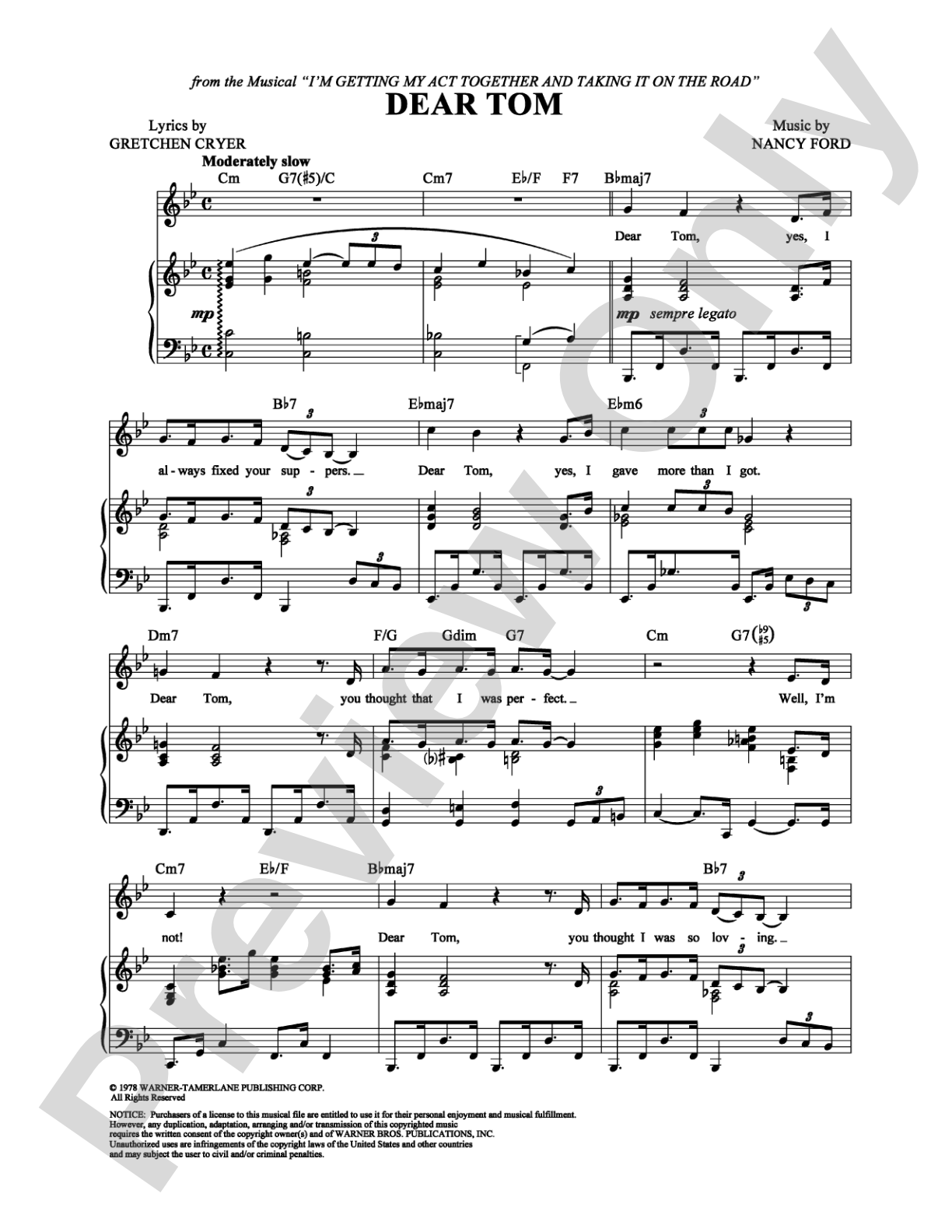 Dear Tom: Piano/Vocal/Chords Digital Sheet Music