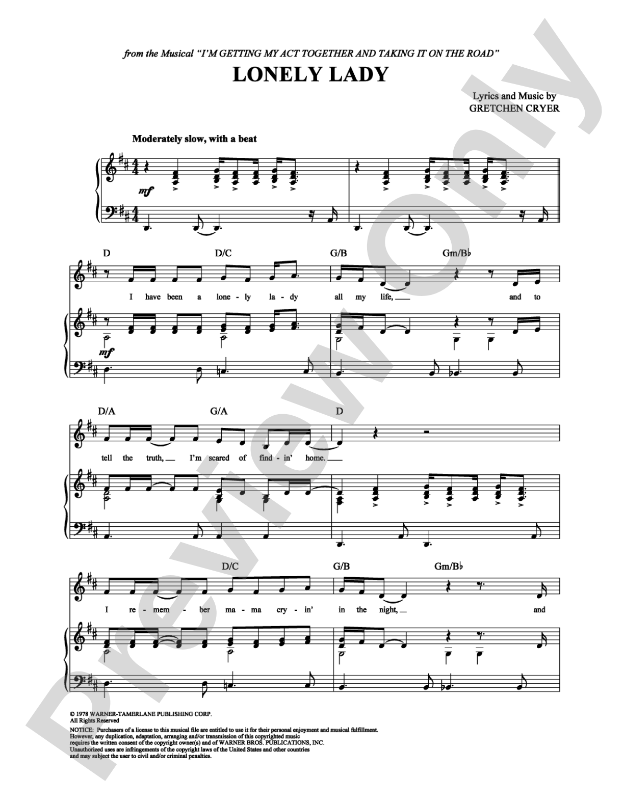 Lonely Lady: Piano/Vocal/Chords Digital Sheet Music
