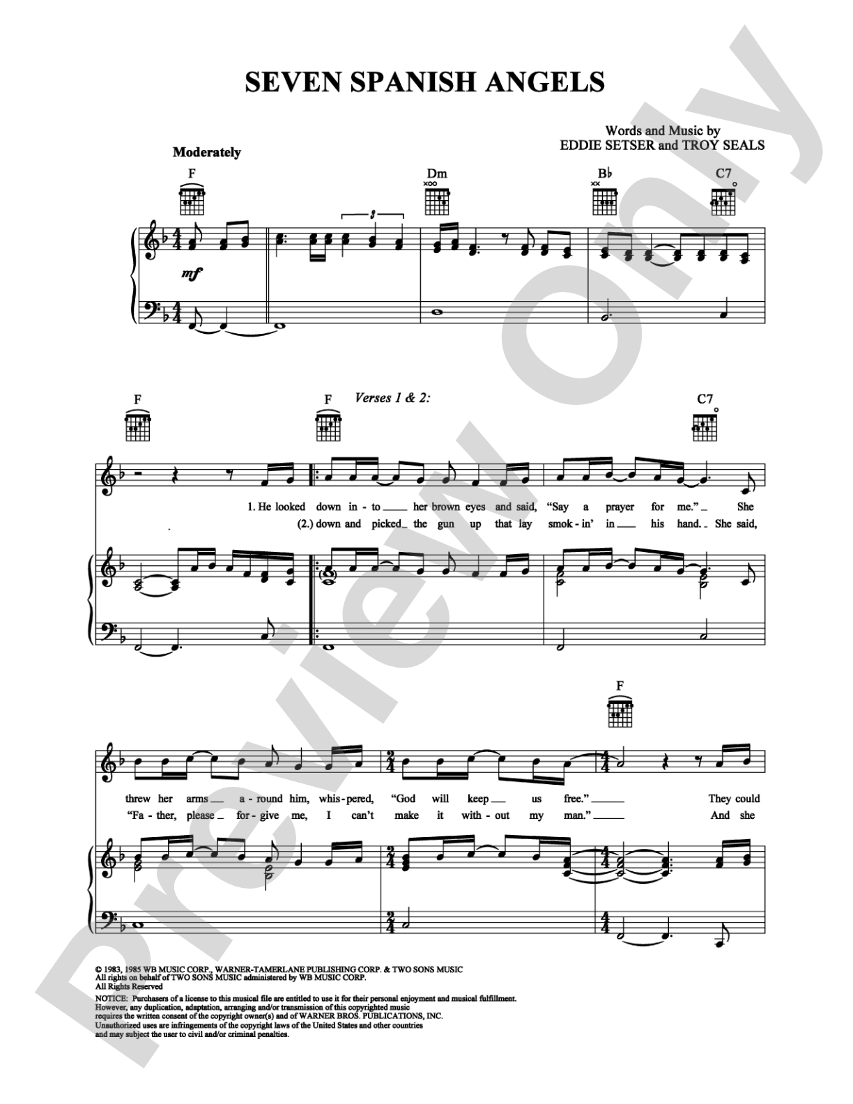 Seven Spanish Angels: Piano/Vocal/Chords Digital Sheet Music