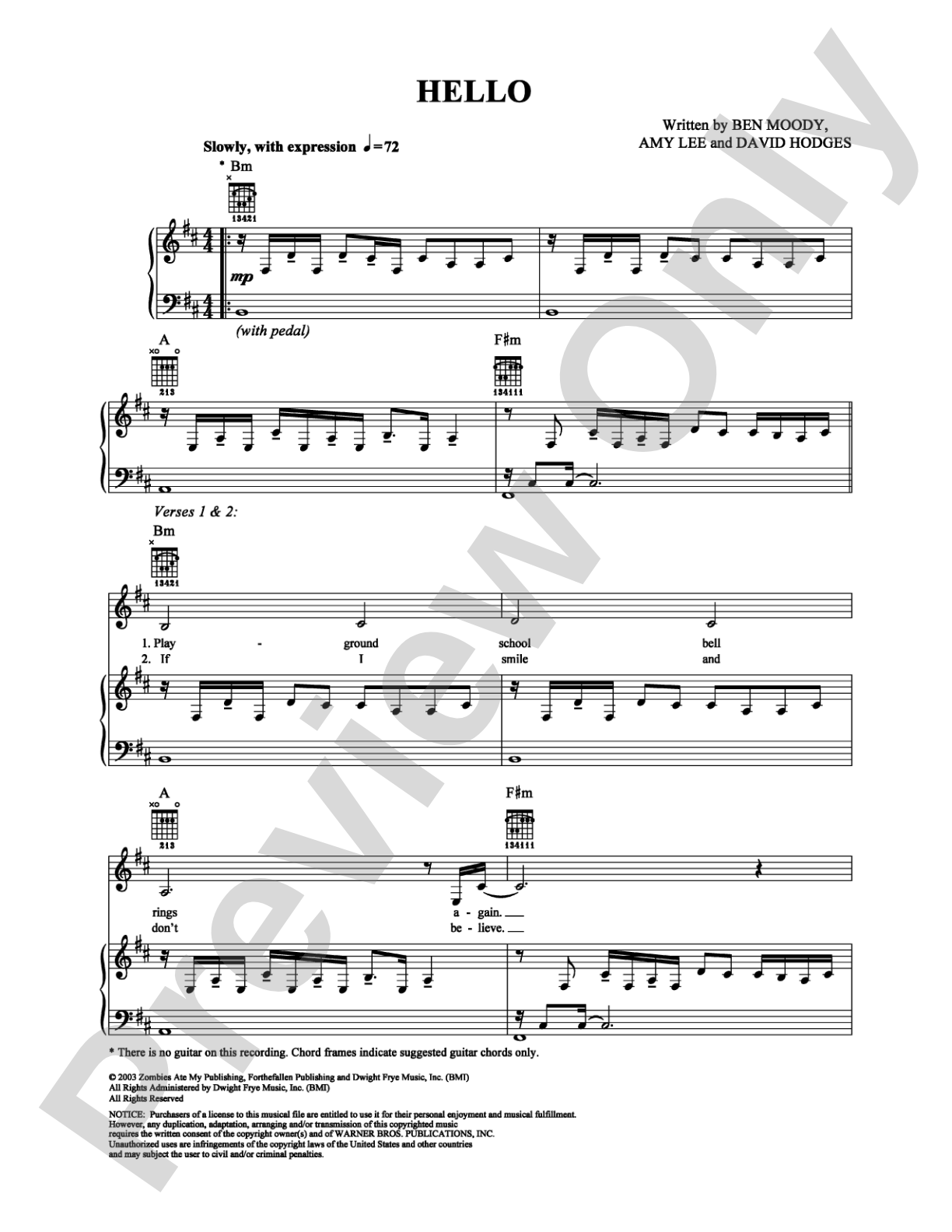 Hello: Piano/Vocal/Chords Digital Sheet Music