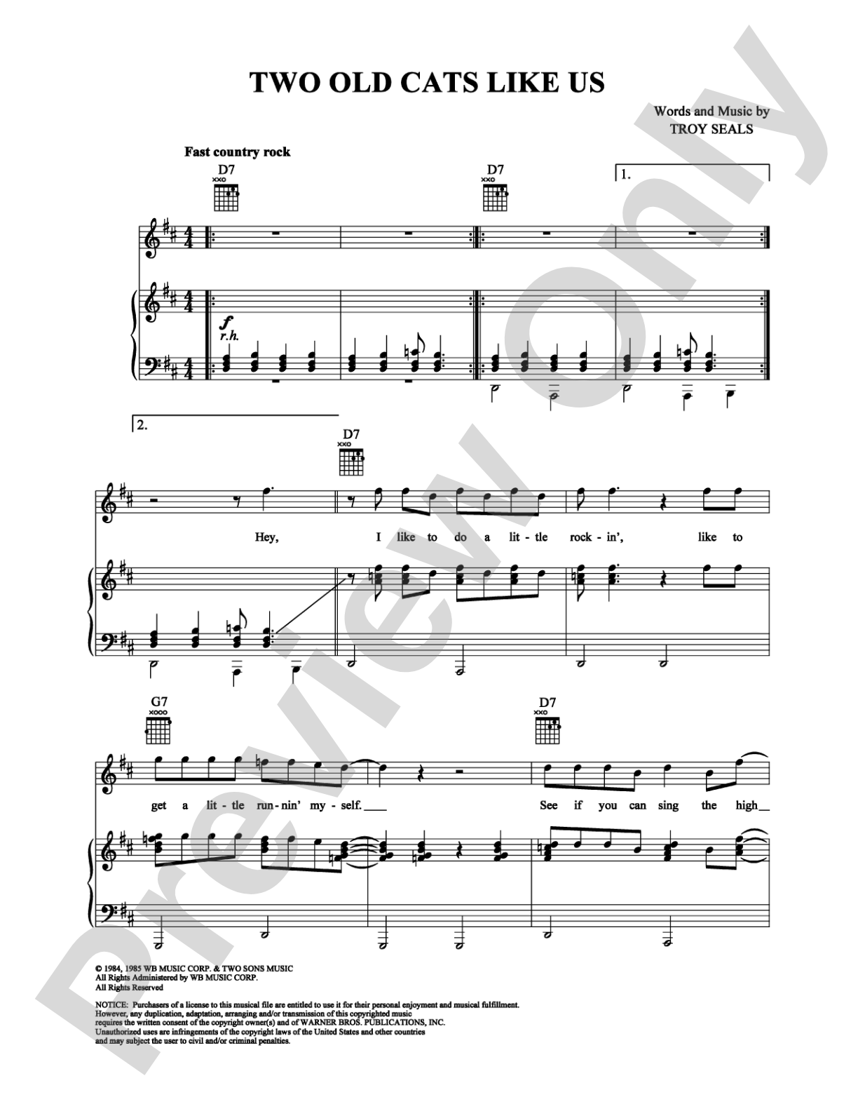 Two Old Cats Like Us: Piano/Vocal/Chords Digital Sheet Music