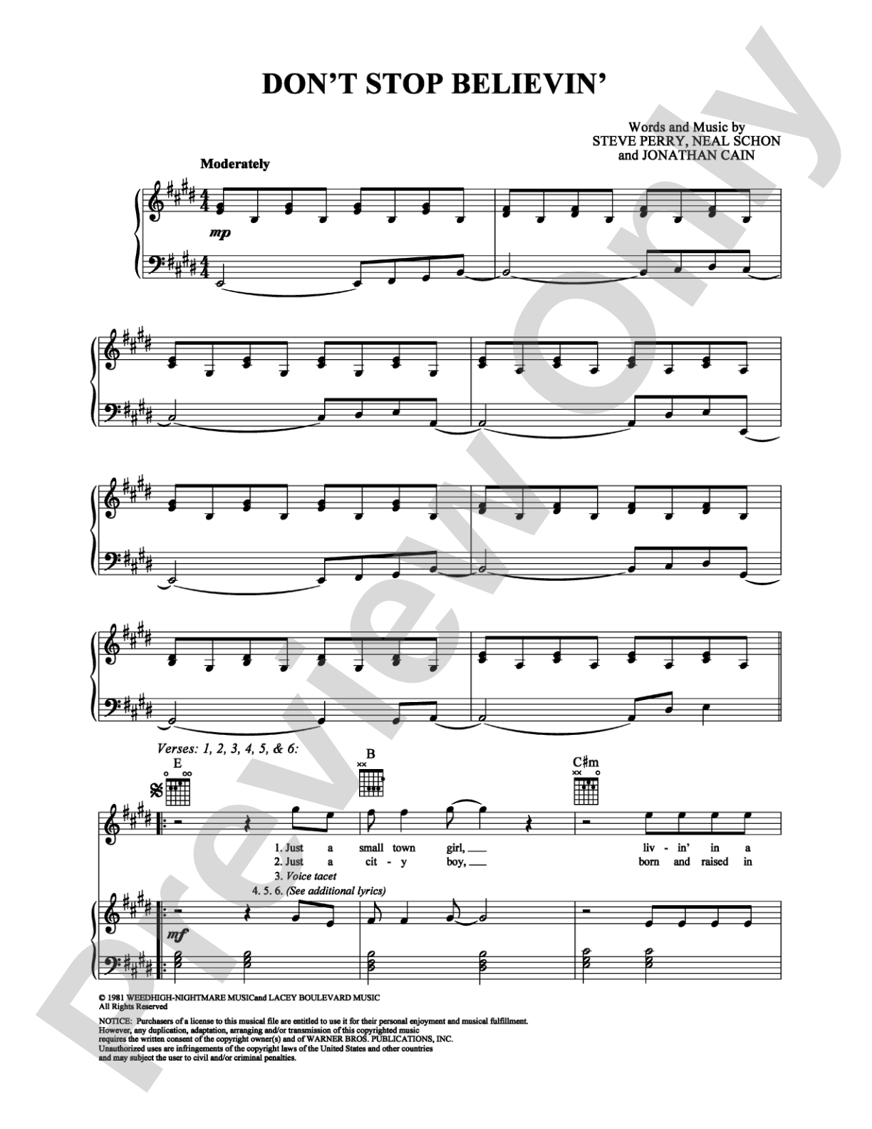 Don't Stop Believin': Piano/Vocal/Chords Digital Sheet Music
