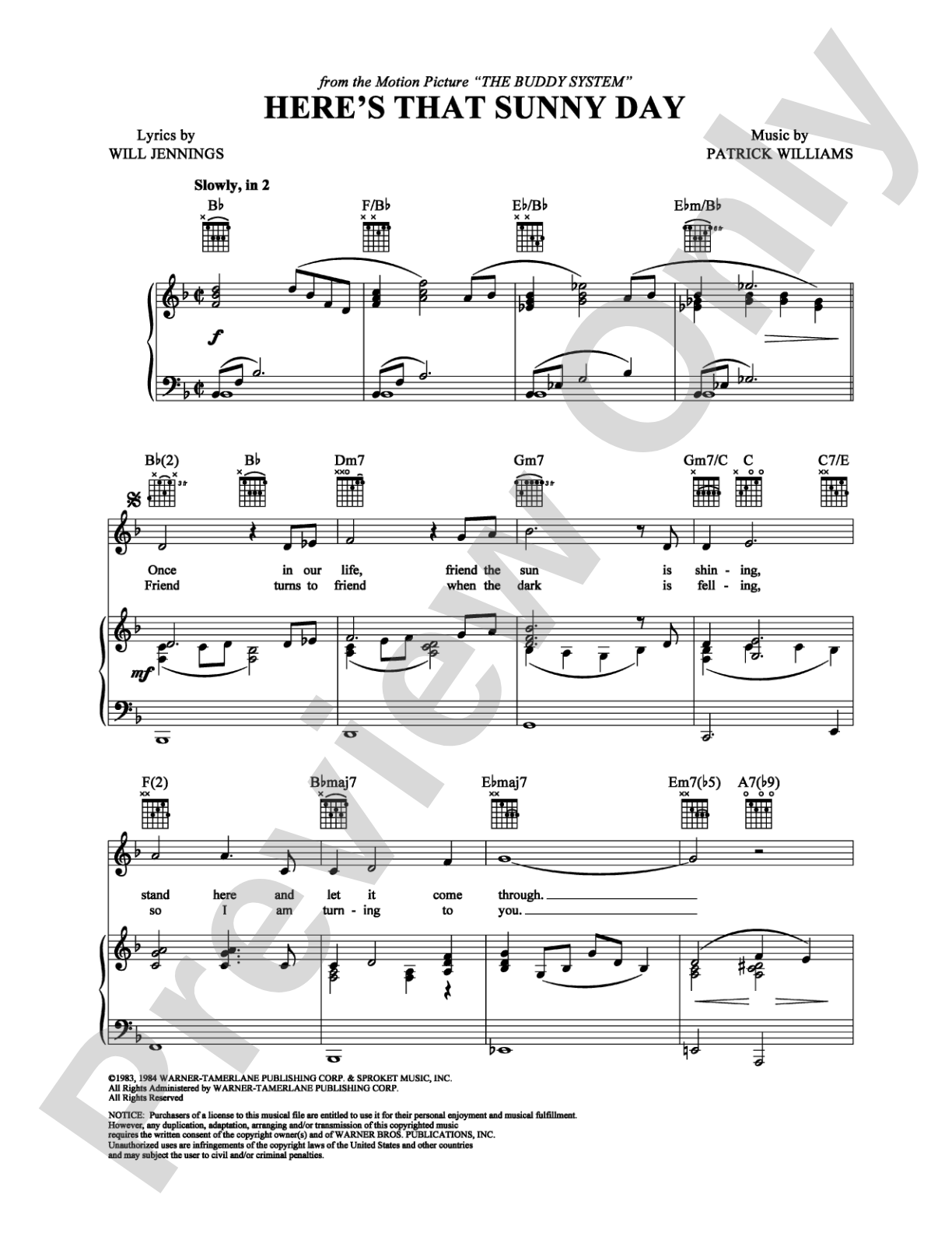 Here's That Sunny Day: Piano/Vocal/Chords Digital Sheet Music