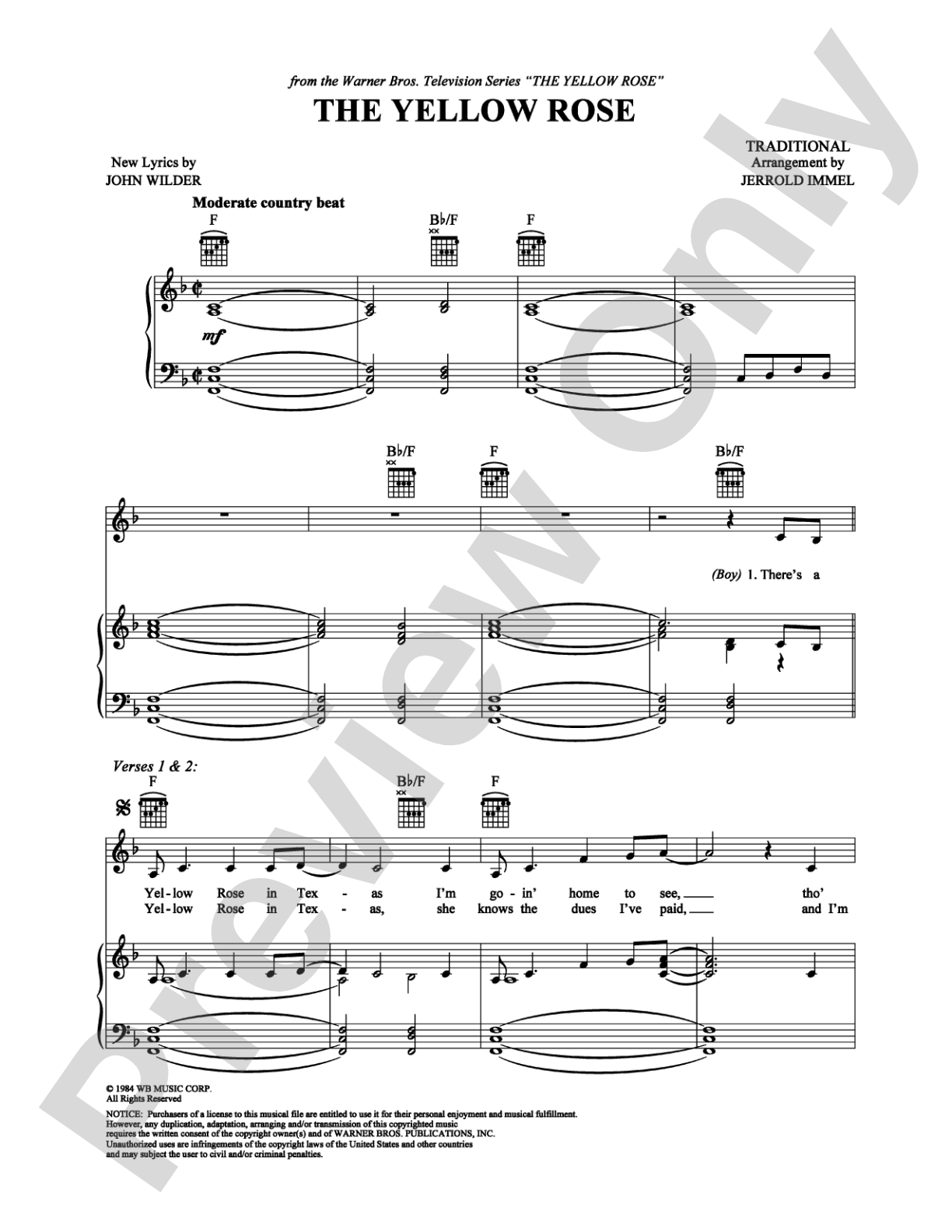 The Yellow Rose: Piano/Vocal/Chords Digital Sheet Music