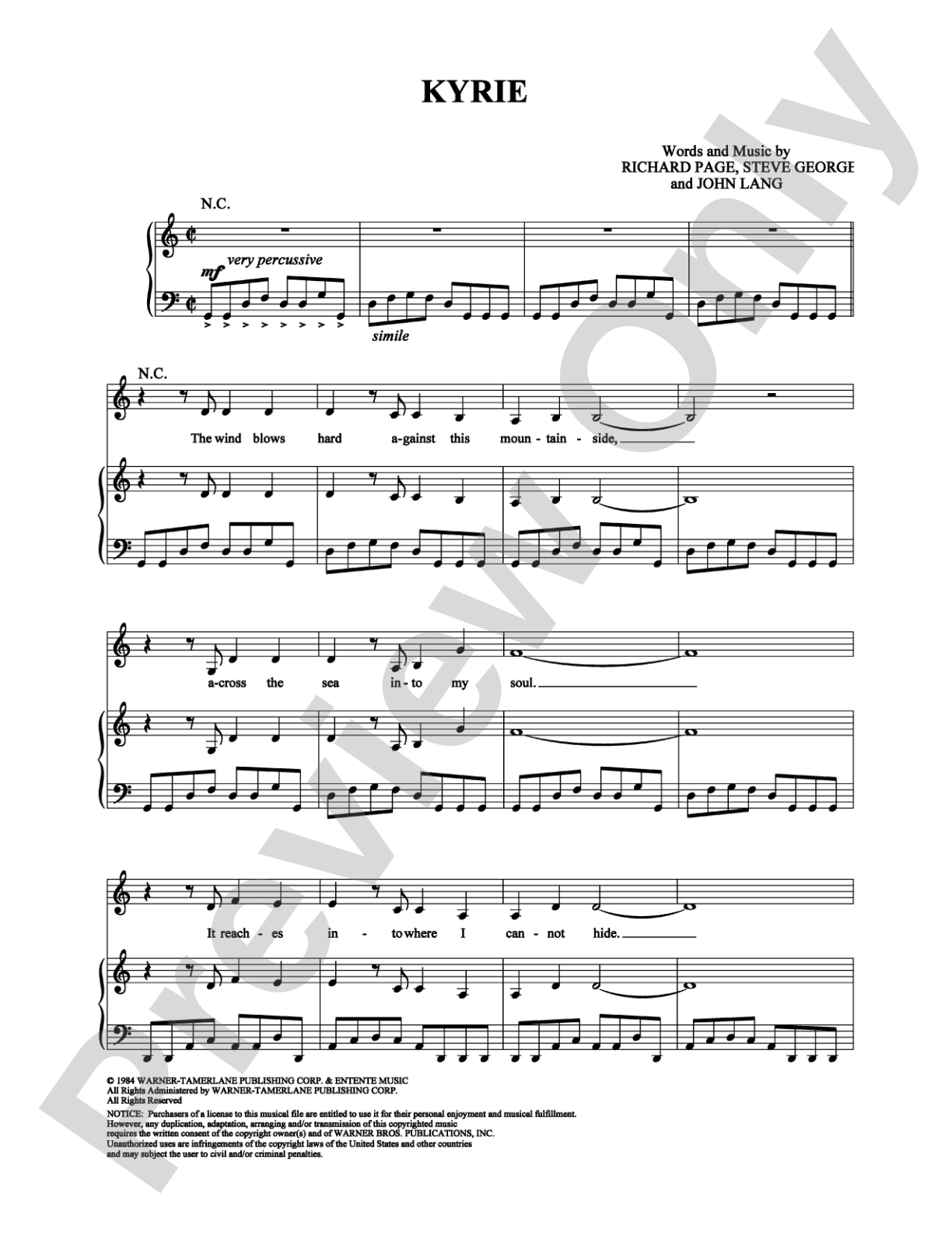 Kyrie: Piano/Vocal/Chords Digital Sheet Music