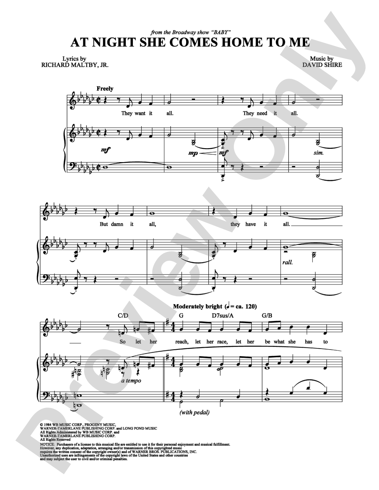 At Night She Comes Home To Me: Piano/Vocal/Chords Digital Sheet Music