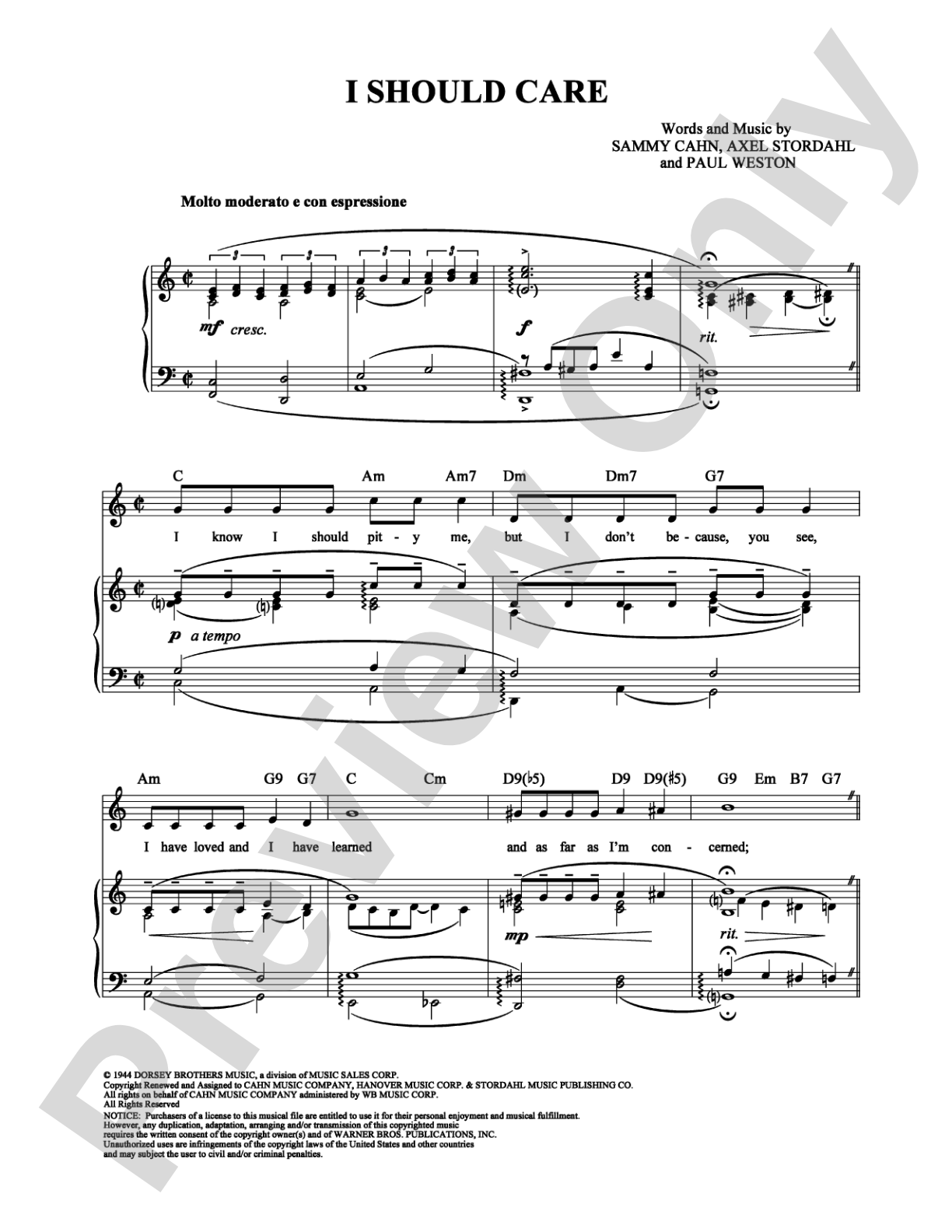 I Should Care: Piano/Vocal/Chords Digital Sheet Music