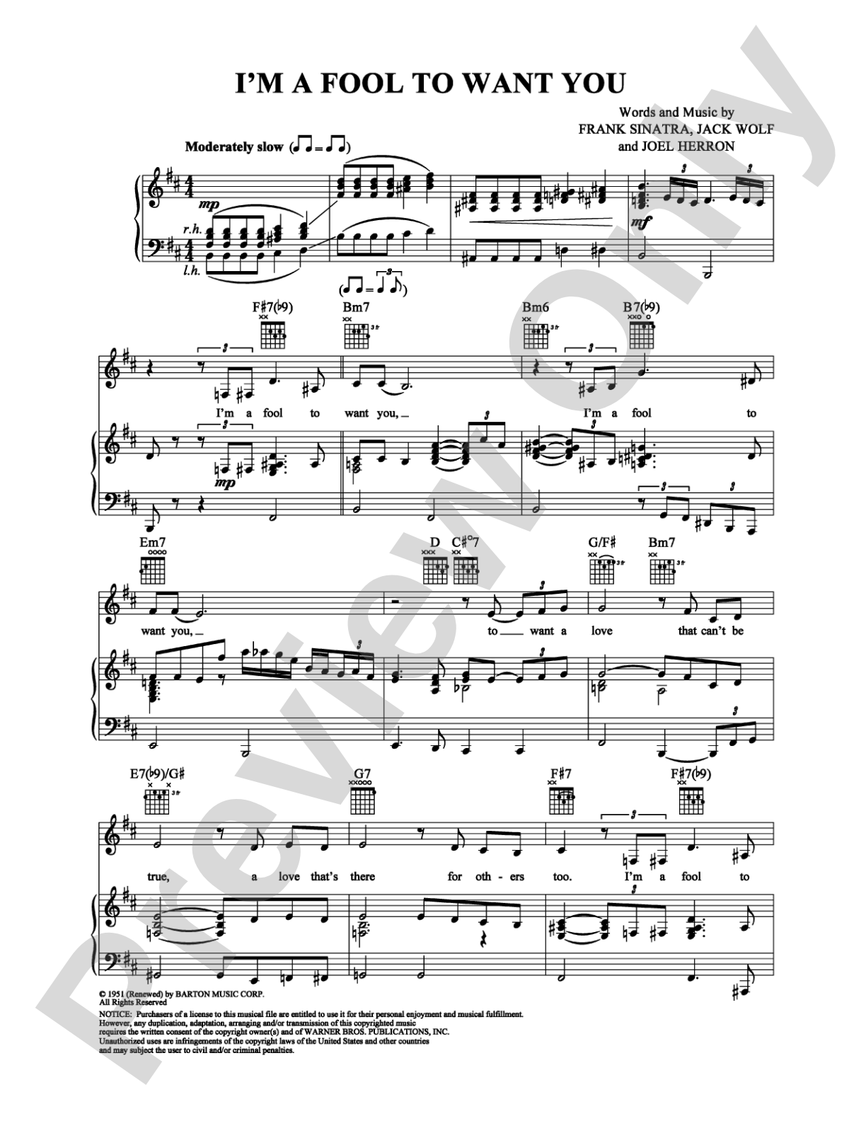 I'm A Fool To Want You: Piano/Vocal/Chords Digital Sheet Music