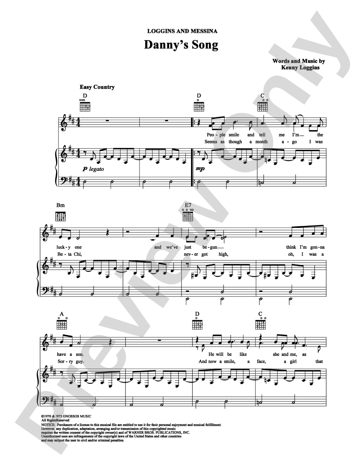 Danny's Song: Piano/Vocal/Chords Digital Sheet Music