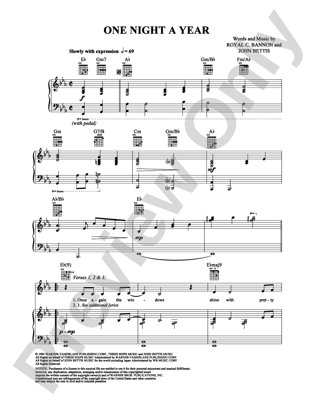 One Night A Year: Piano/Vocal/Chords Digital Sheet Music