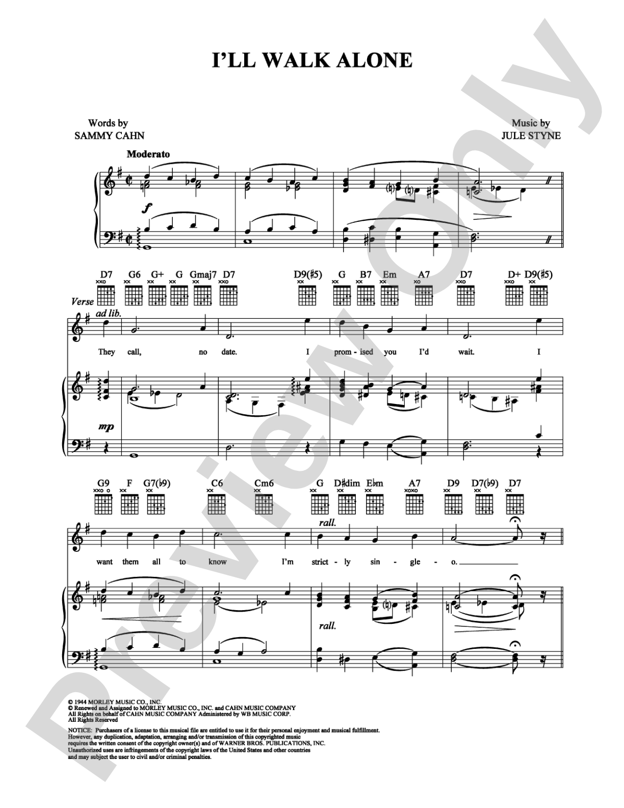 I'll Walk Alone: Piano/Vocal/Chords Digital Sheet Music