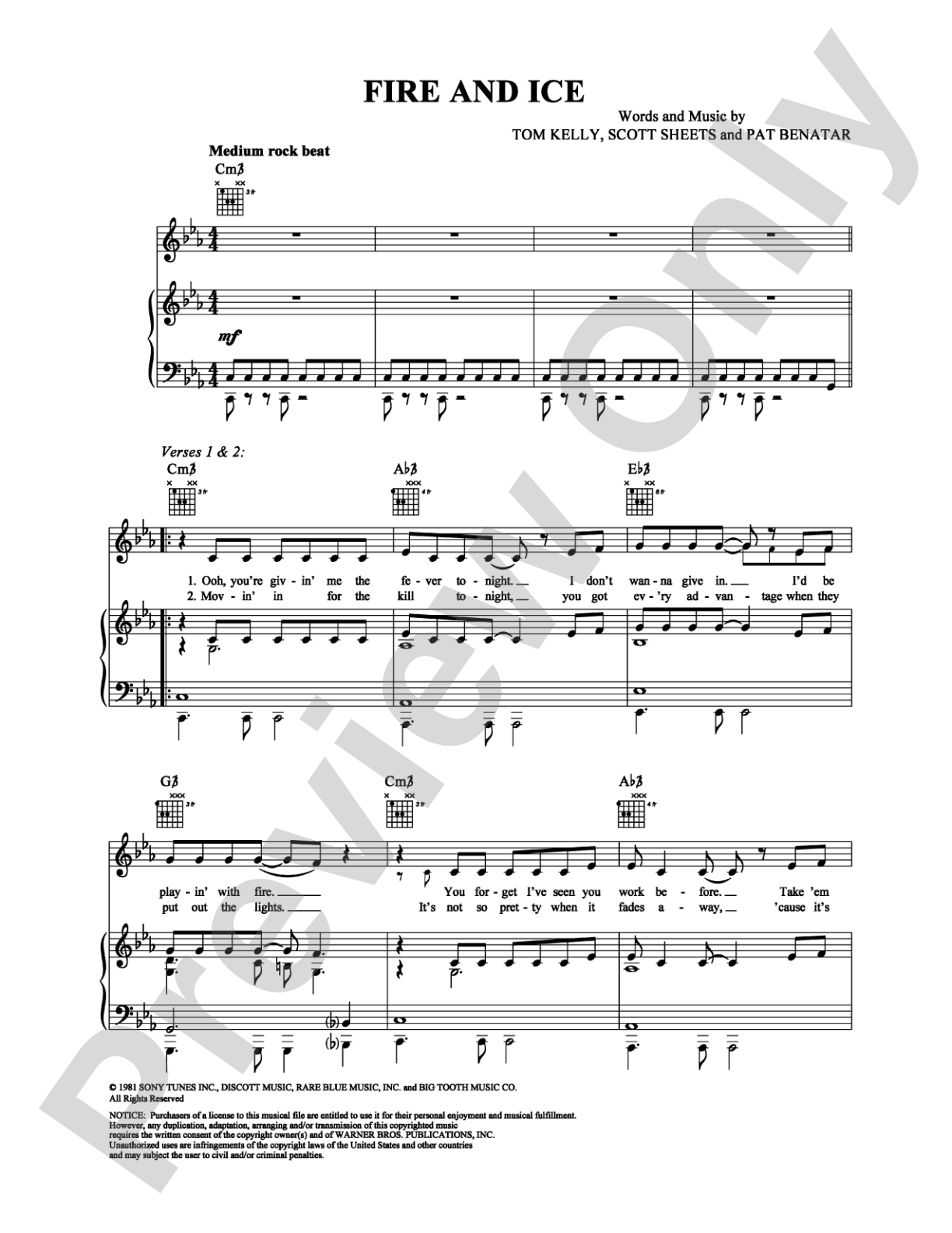 Fire and Ice: Piano/Vocal/Chords Digital Sheet Music