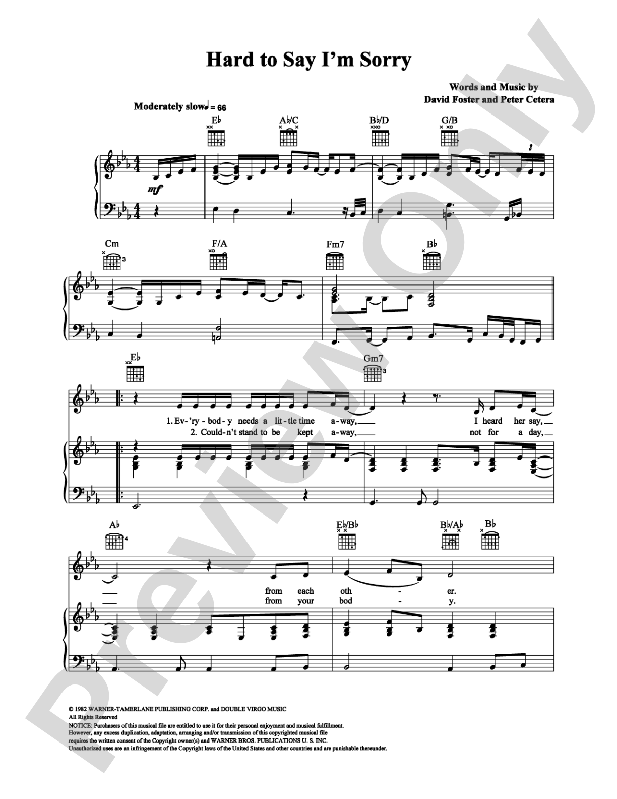 Hard To Say I'm Sorry: Piano/Vocal/Chords Digital Sheet Music