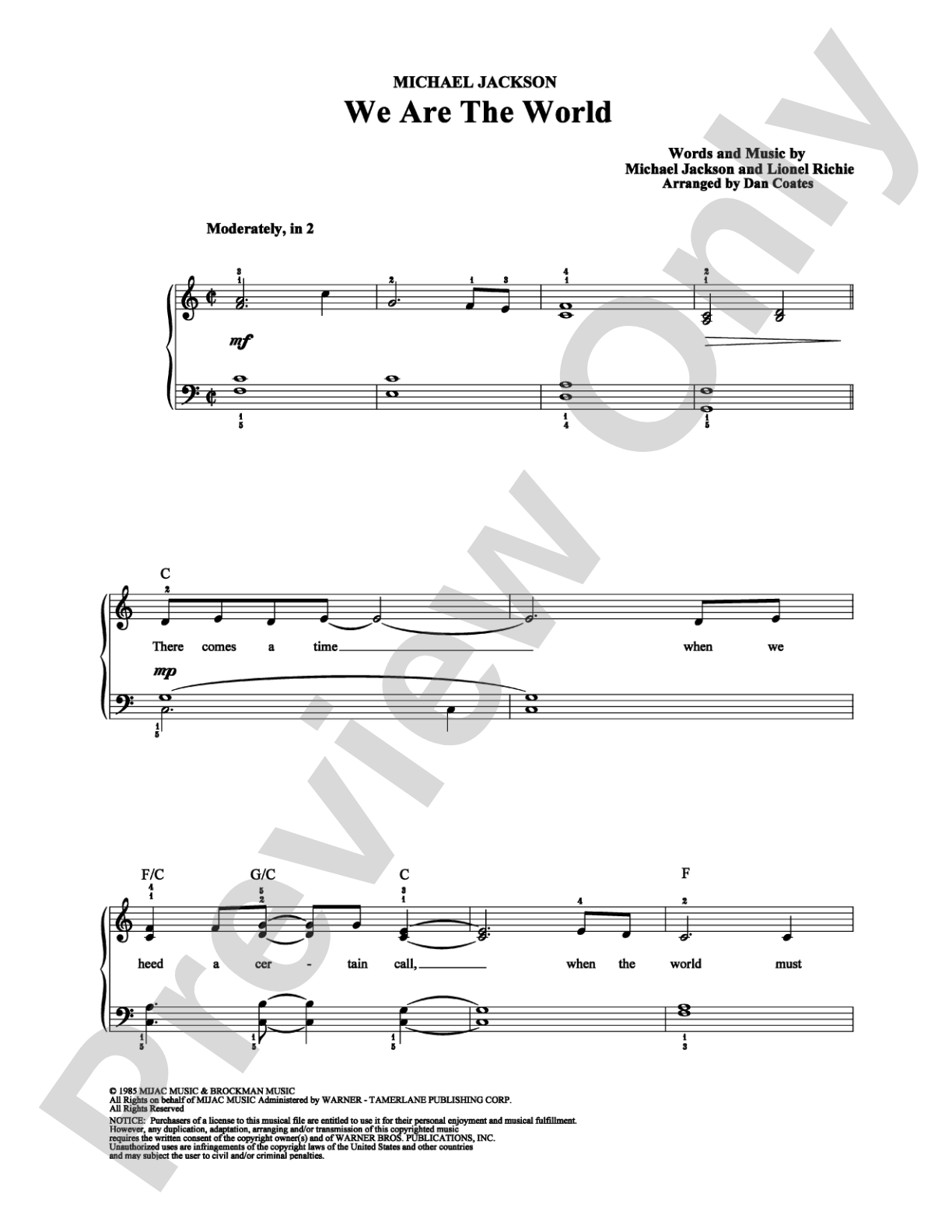We Are The World: Easy Piano Digital Sheet Music