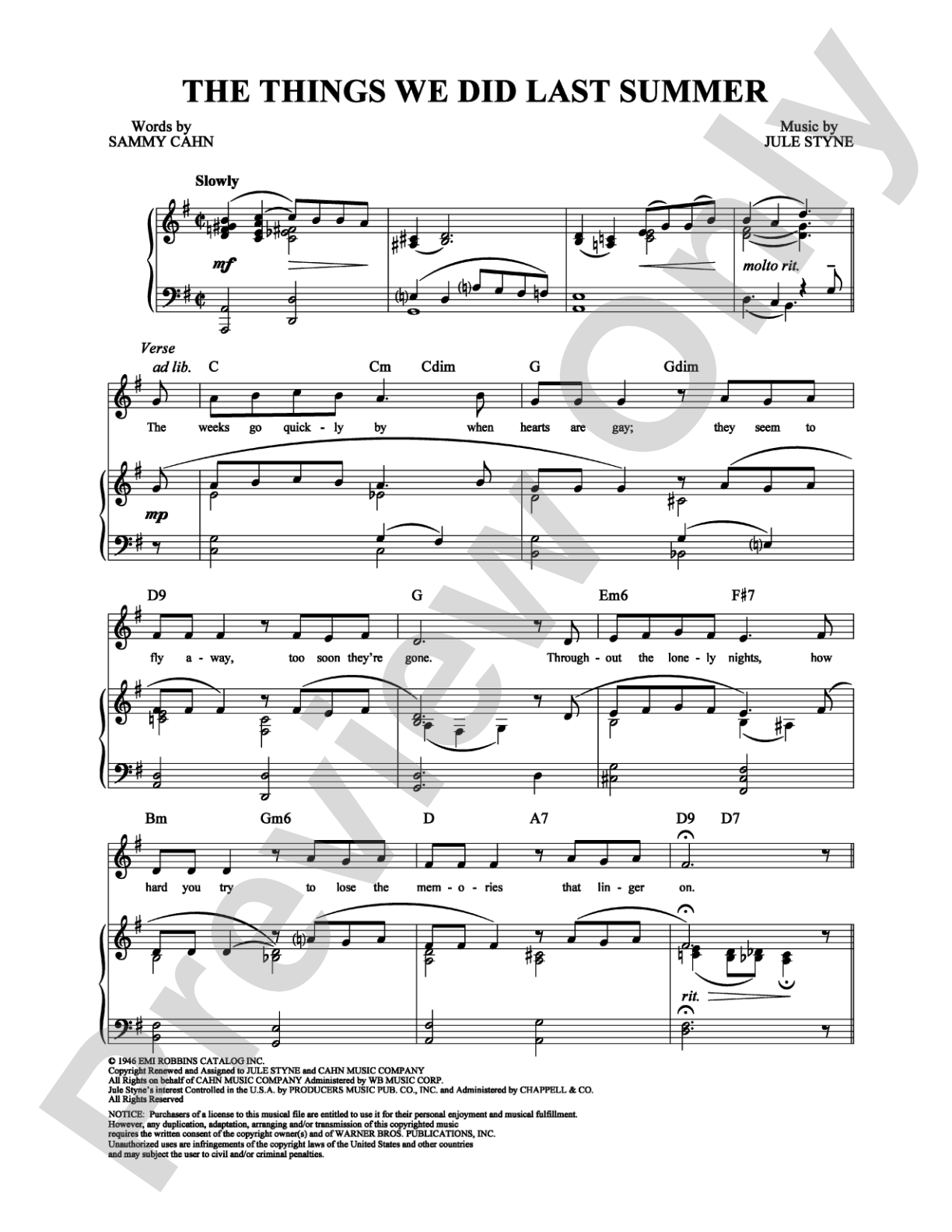 The Things We Did Last Summer: Piano/Vocal/Chords Digital Sheet Music