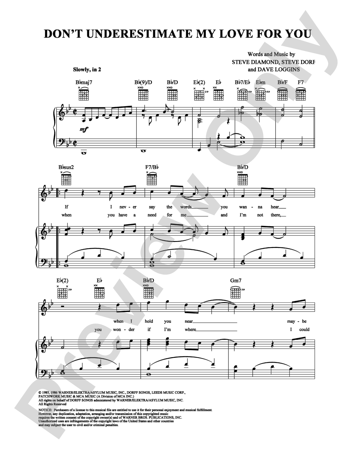 Don't Underestimate My Love For You: Piano/Vocal/Chords Digital Sheet Music