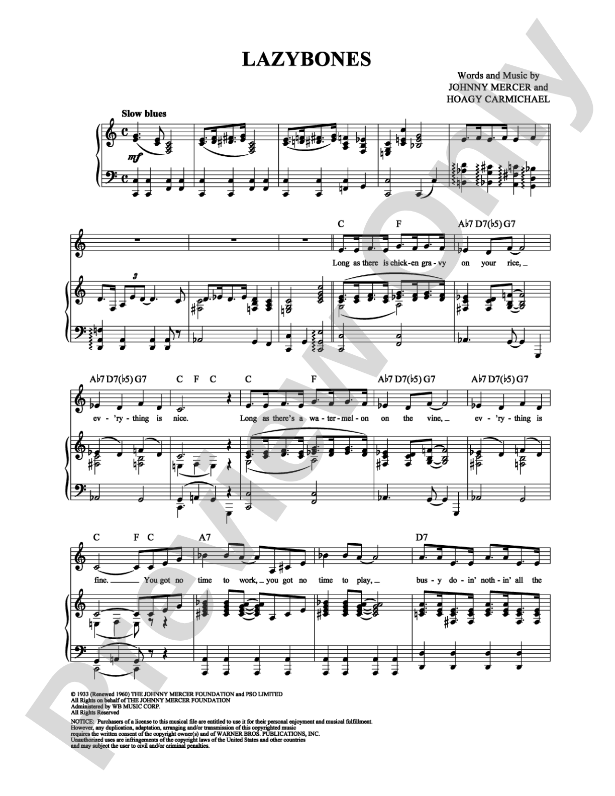 Lazybones: Piano/Vocal/Chords Digital Sheet Music