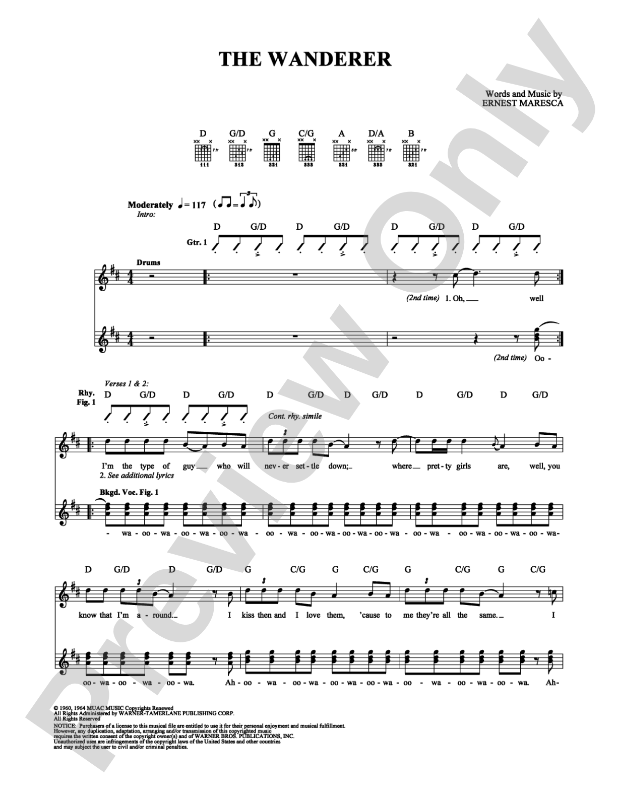 The Wanderer: Guitar TAB Digital Sheet Music