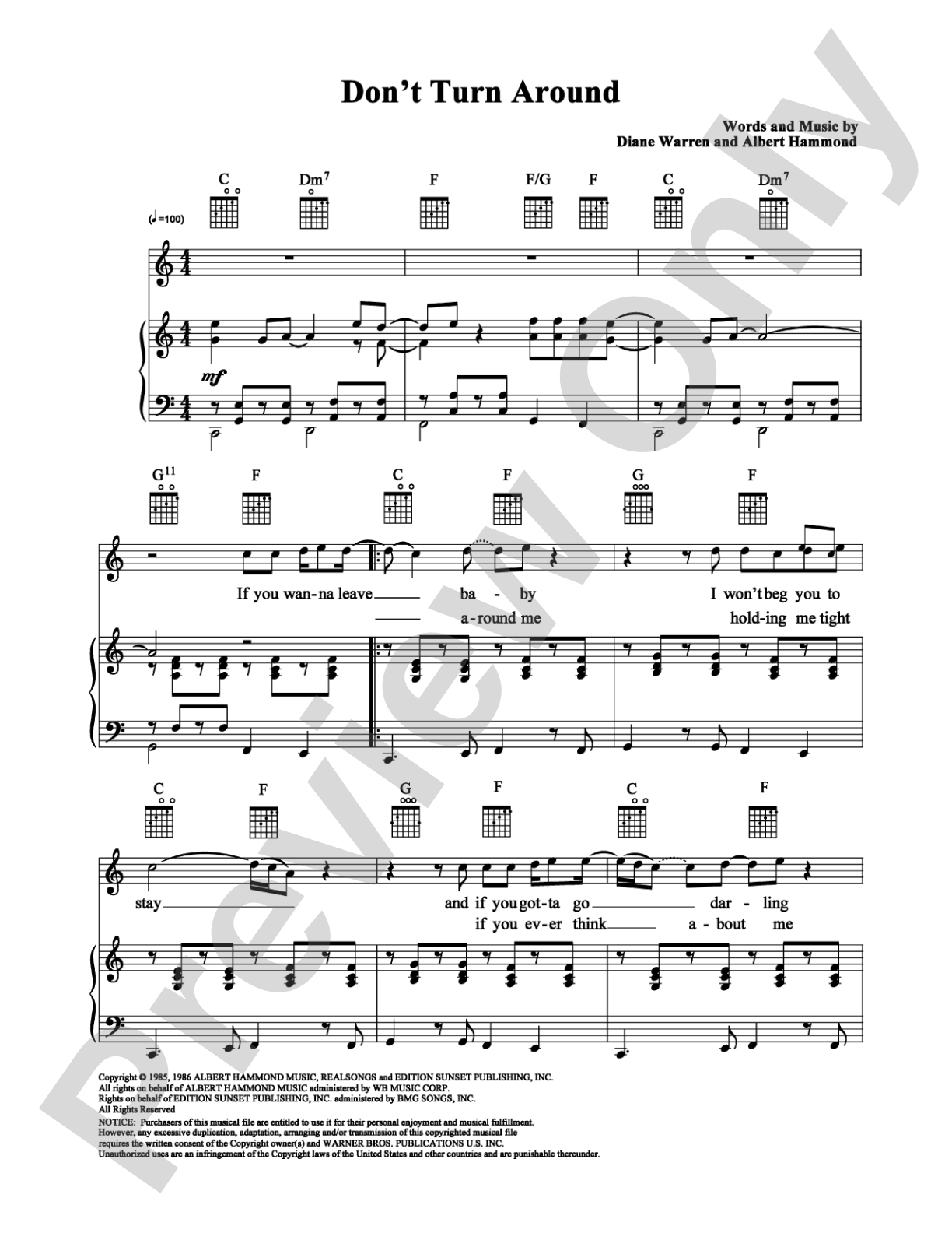 Don't Turn Around: Piano/Vocal/Chords Digital Sheet Music
