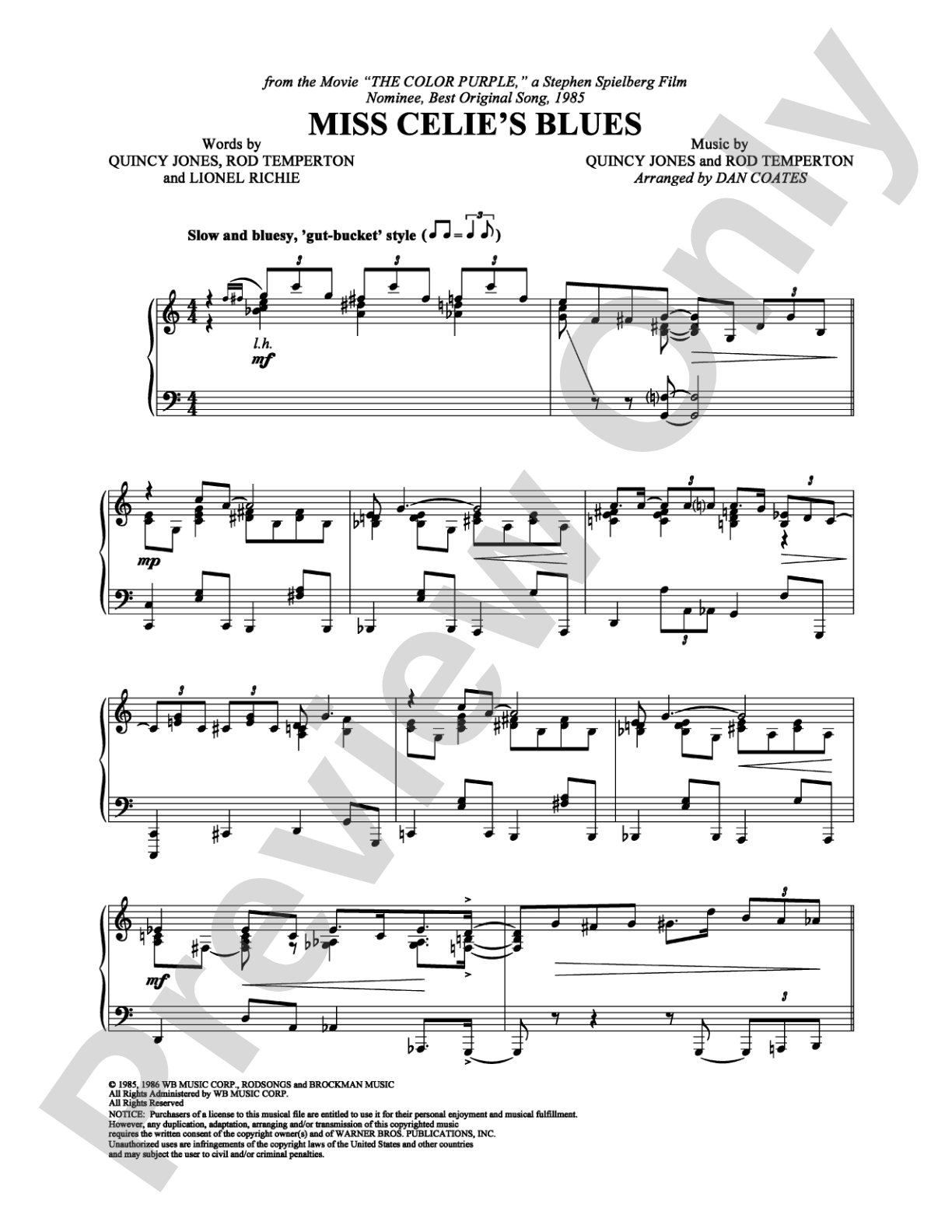 Miss Celie's Blues: Piano Digital Sheet Music