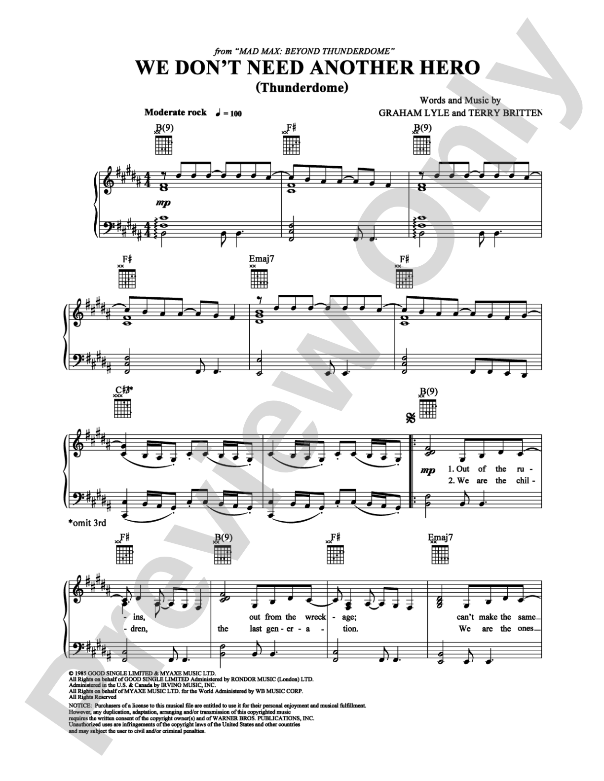 We Don't Need Another Hero: Piano/Vocal/Chords Digital Sheet Music