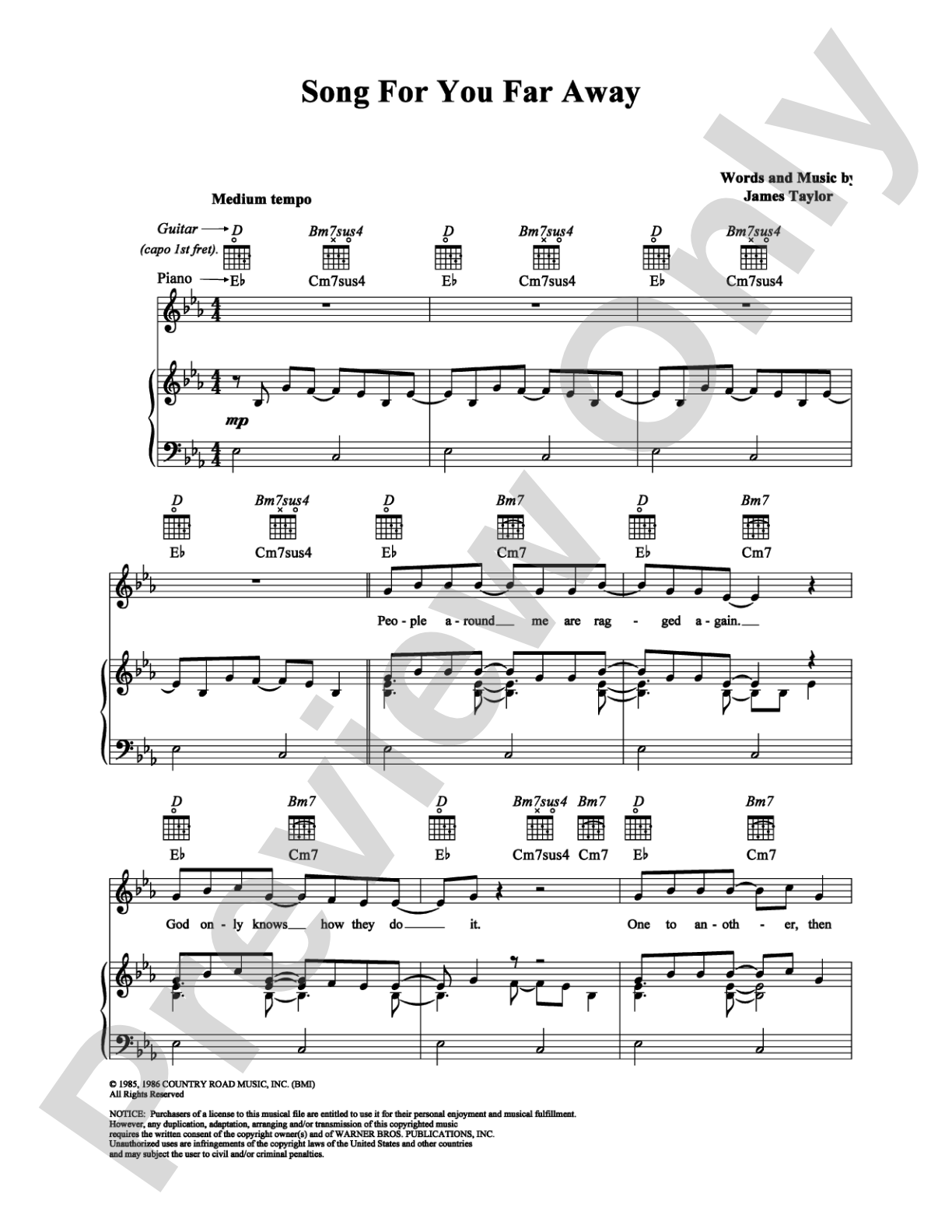 Song For You Far Away: Piano/Vocal/Chords Digital Sheet Music