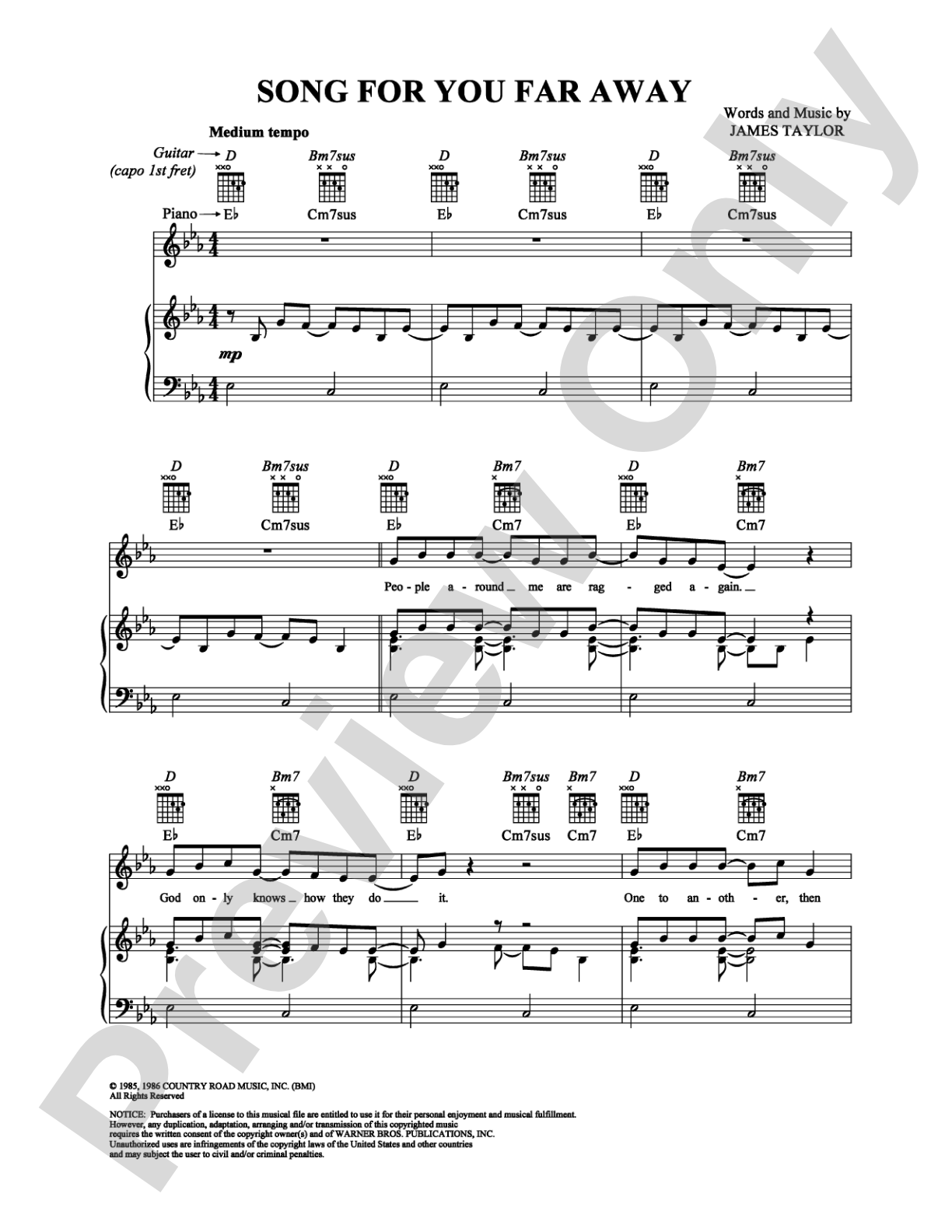 Song for You Far Away: Piano/Vocal/Chords Digital Sheet Music