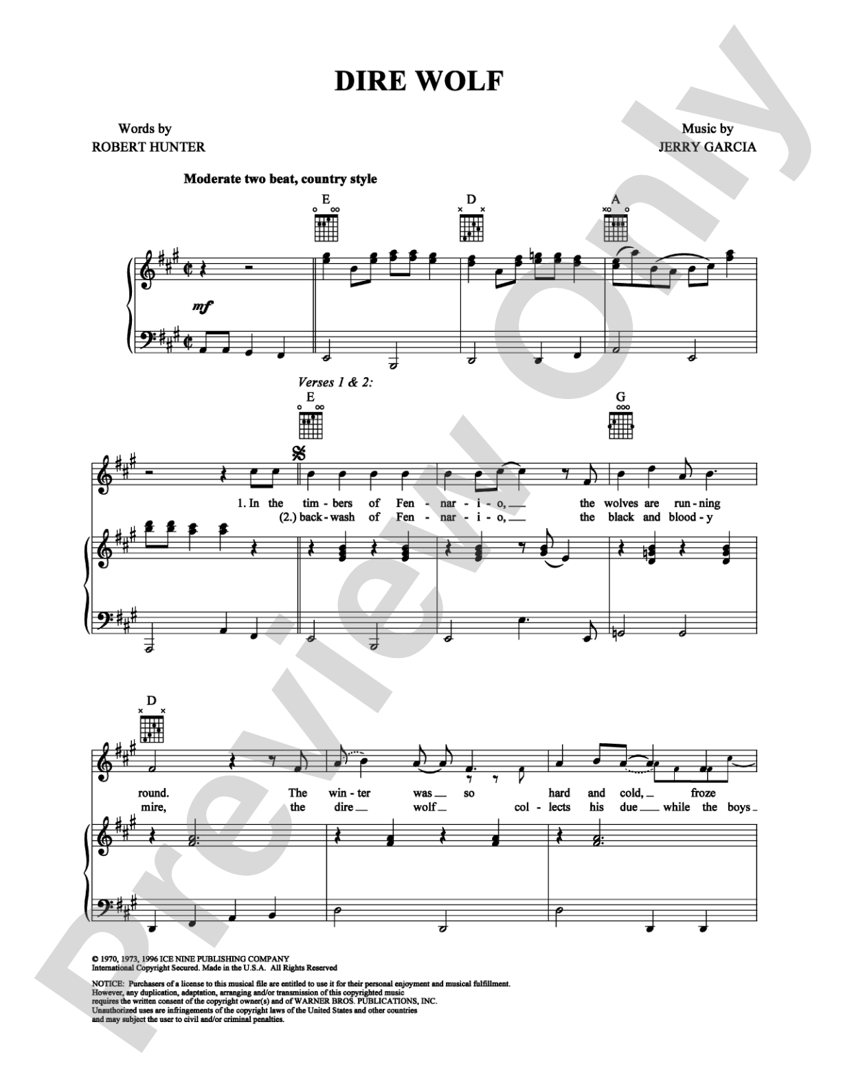 Dire Wolf: Piano/Vocal/Chords Digital Sheet Music