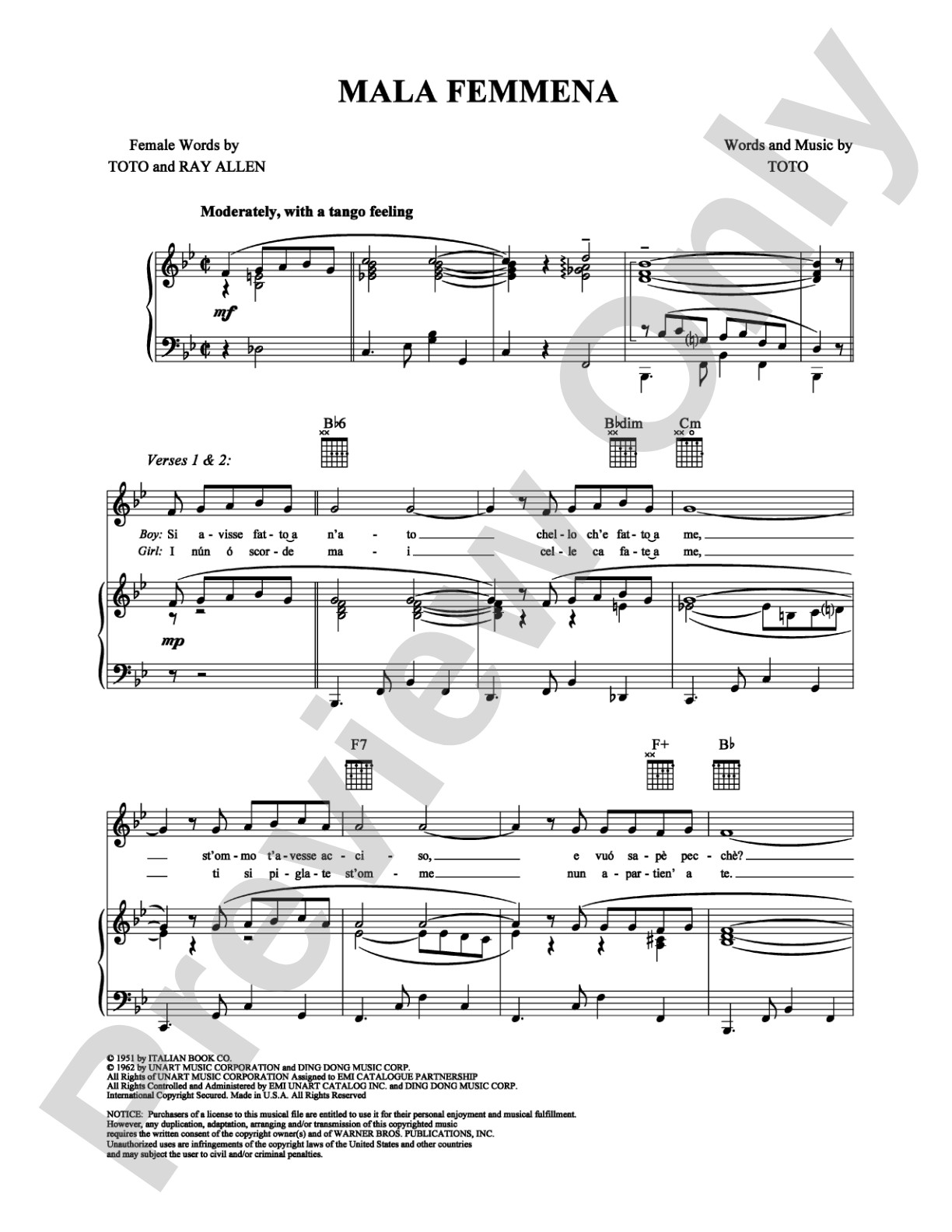 Mala Femmena: Piano/Vocal/Chords Digital Sheet Music