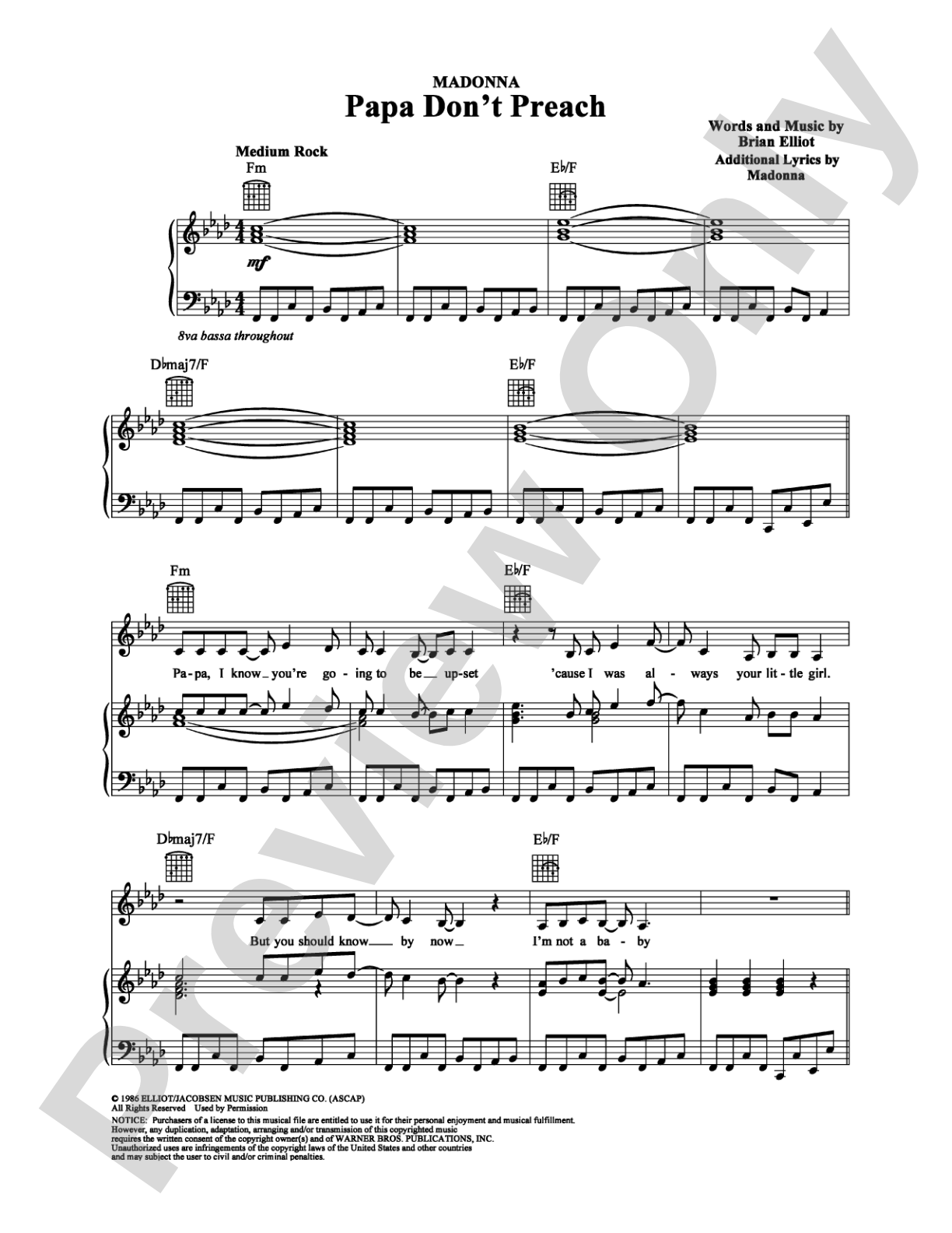 Papa Don't Preach: Piano/Vocal/Chords Digital Sheet Music