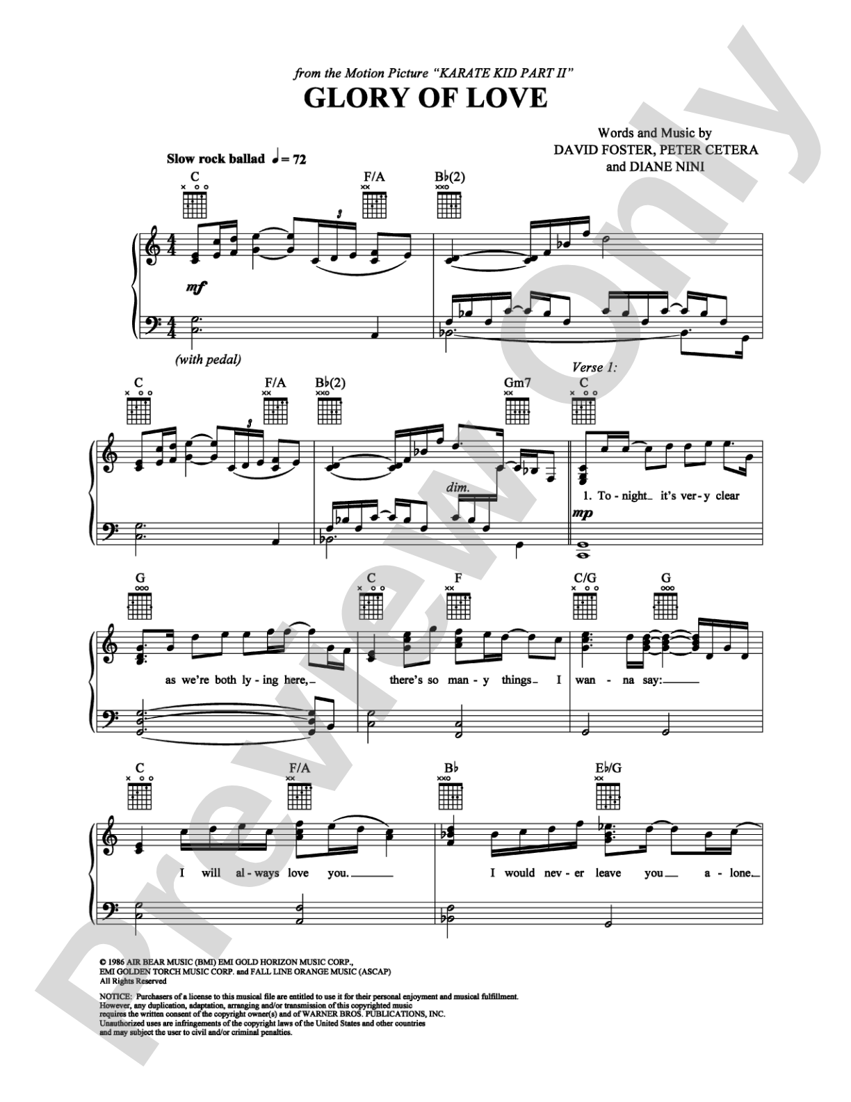 Glory of Love: Piano/Vocal/Chords Digital Sheet Music