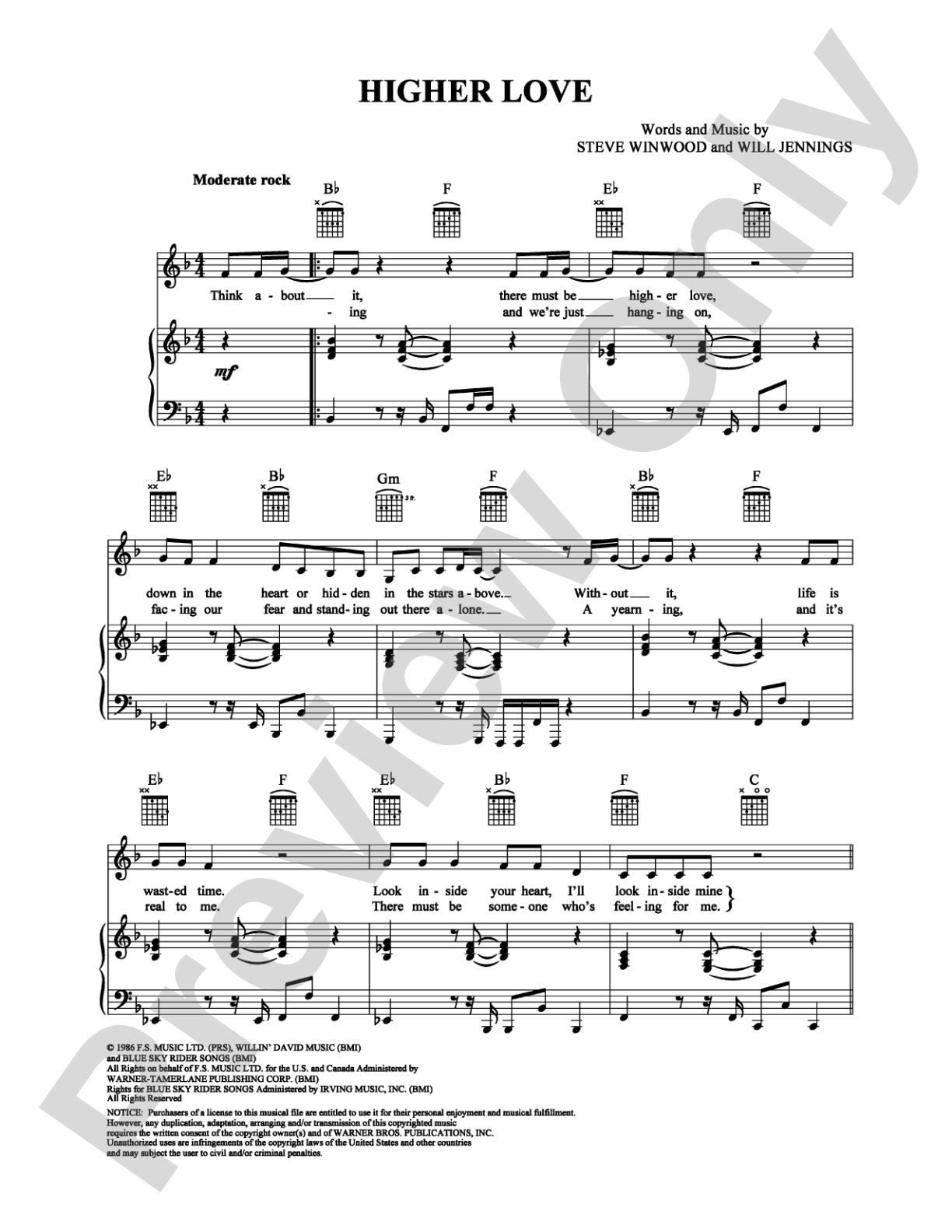 Higher Love: Piano/Vocal/Chords Digital Sheet Music