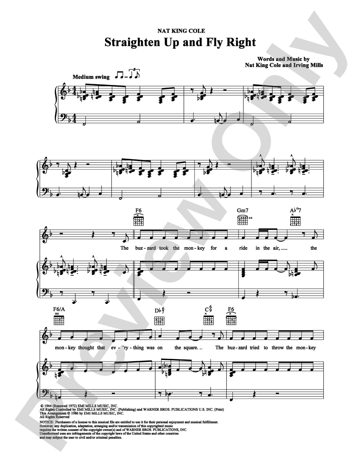 Straighten Up and Fly Right: Piano/Vocal/Chords Digital Sheet Music