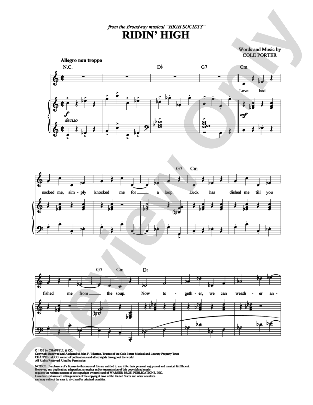 Ridin' High: Piano/Vocal/Chords Digital Sheet Music