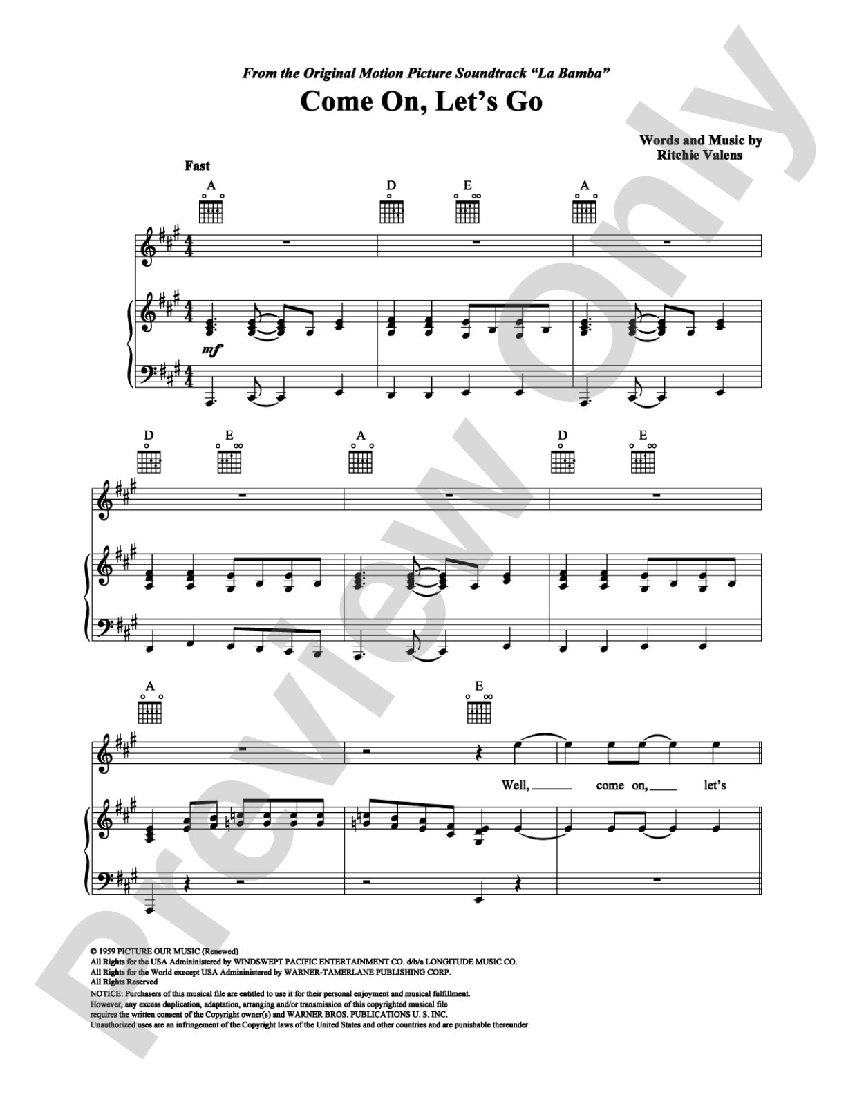 Come On, Let's Go: Piano/Vocal/Chords Digital Sheet Music