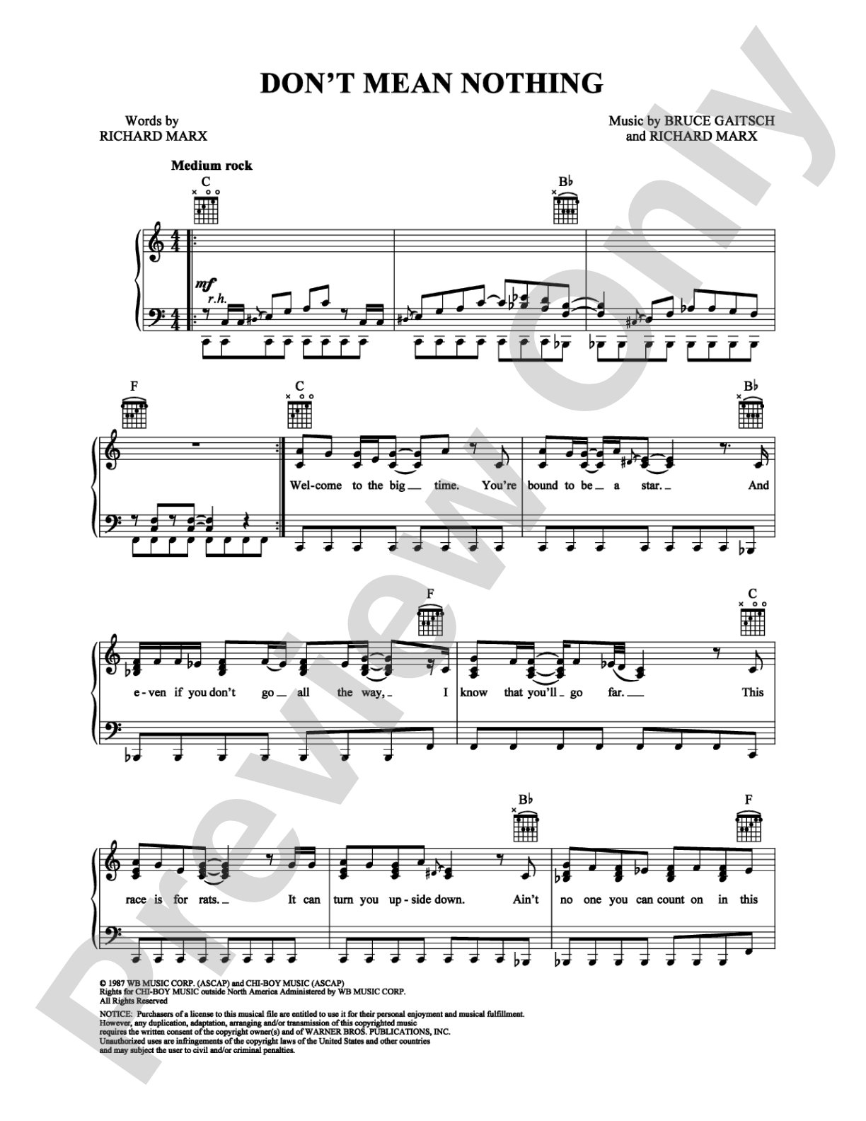Don't Mean Nothing: Piano/Vocal/Chords Digital Sheet Music