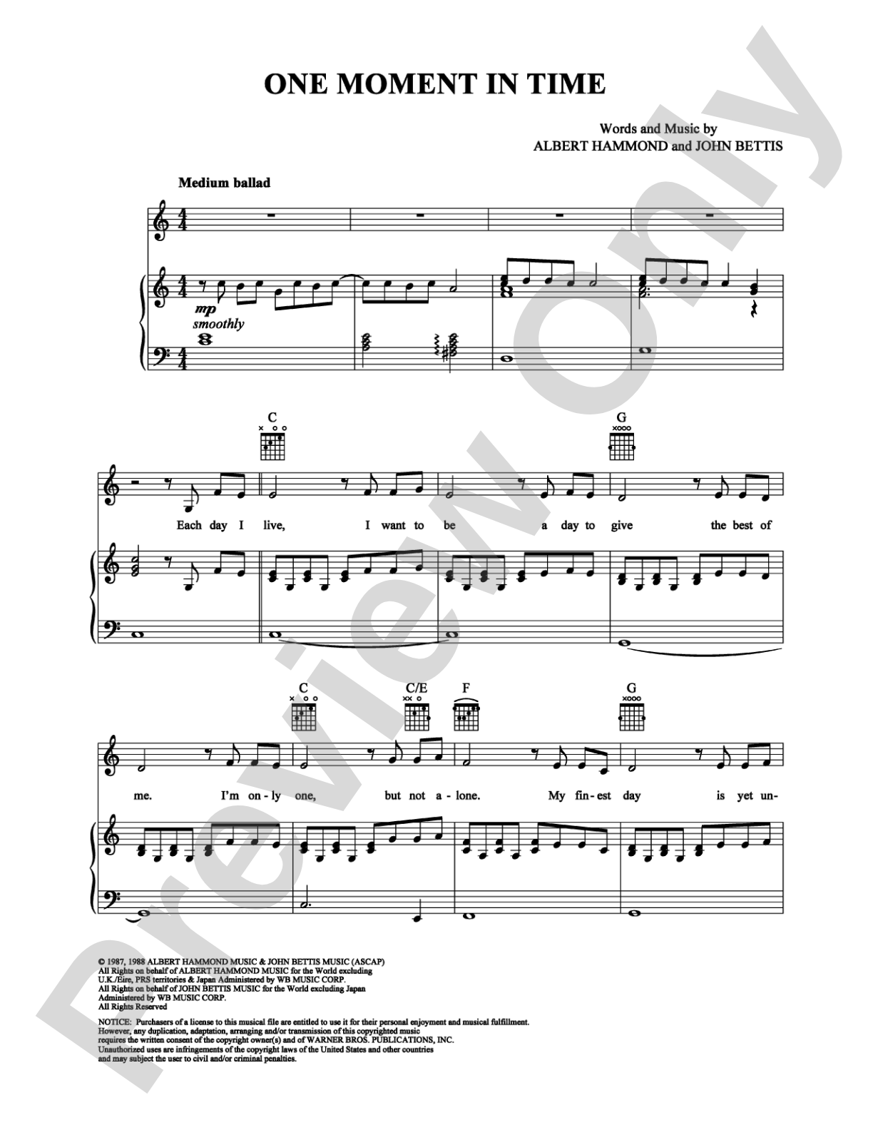 One Moment In Time: Piano/Vocal/Chords Digital Sheet Music