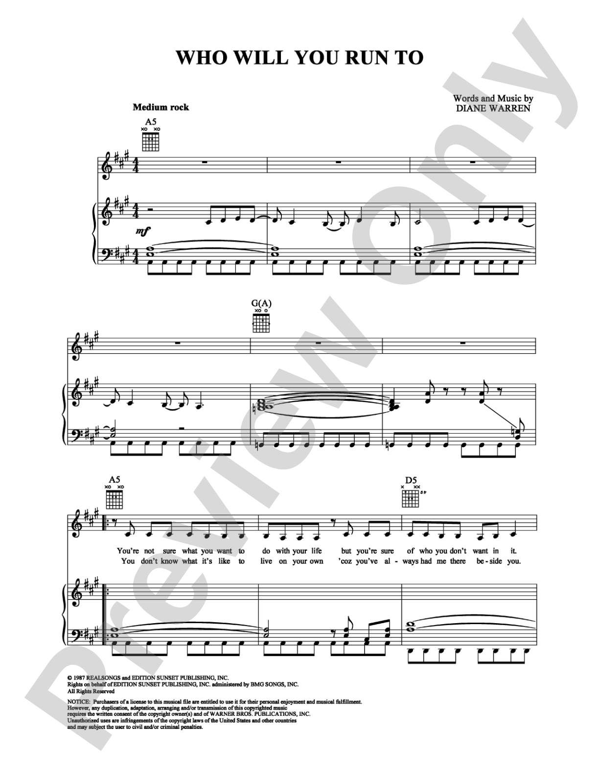 Who Will You Run To: Piano/Vocal/Chords Digital Sheet Music